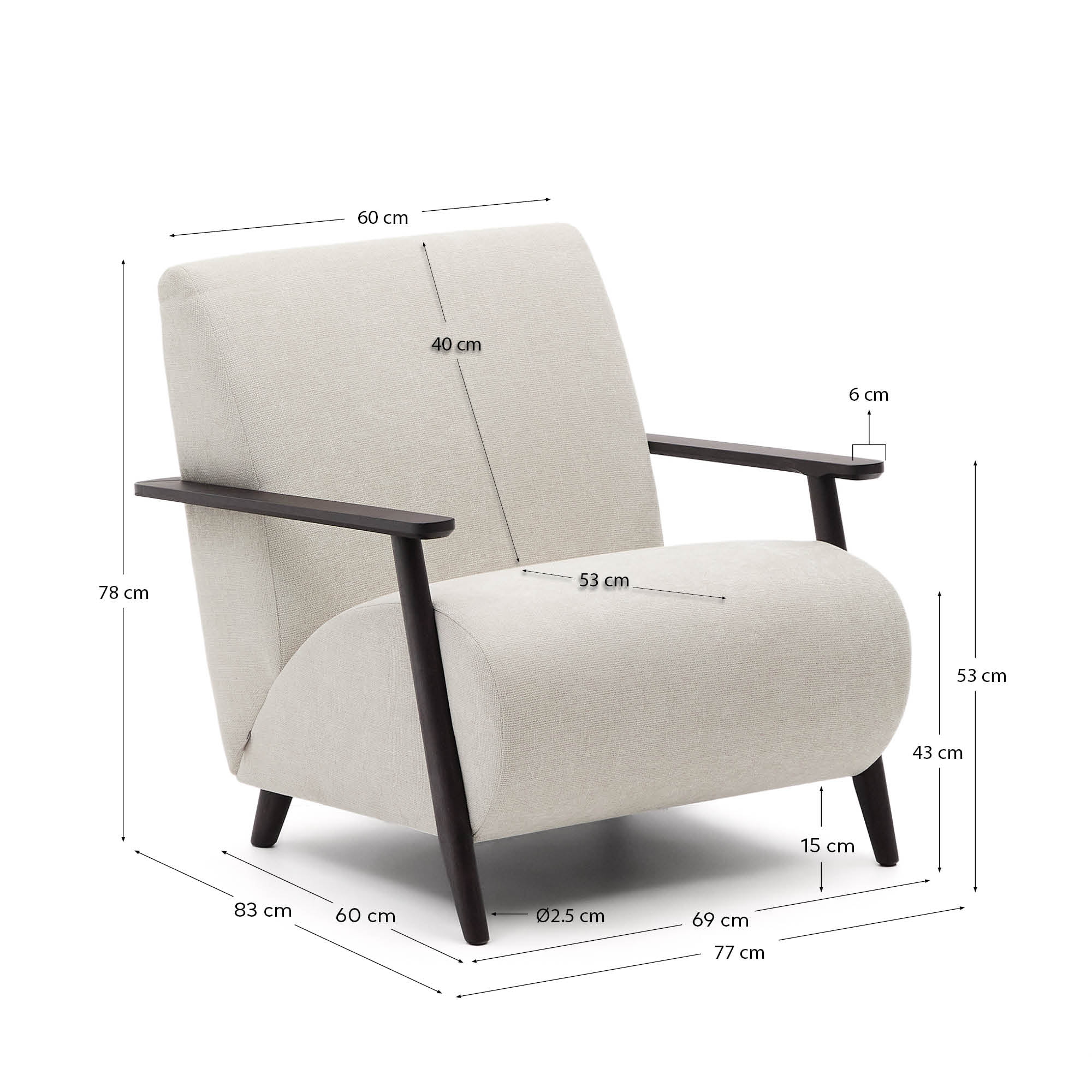 Kave Home Fauteuil 'Meghan' Chenille, kleur Beige/Wengé