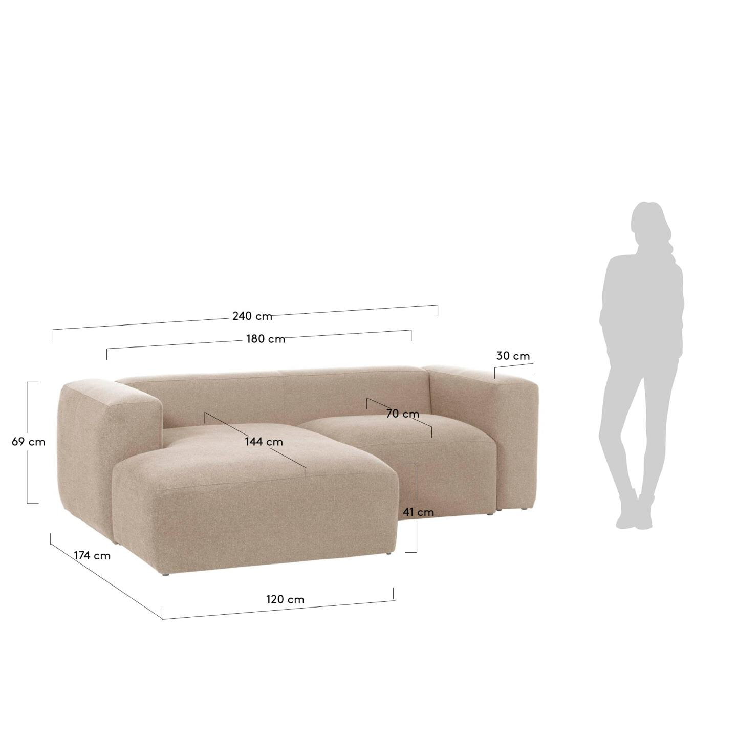Kave Home 2-zits Bank 'Blok' Links, 240cm, kleur Beige