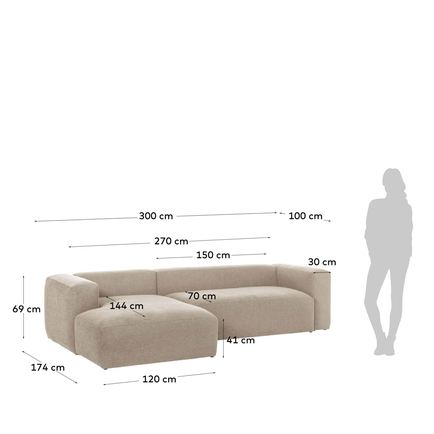 Kave Home Loungebank 'Blok' Links 300cm, kleur Beige
