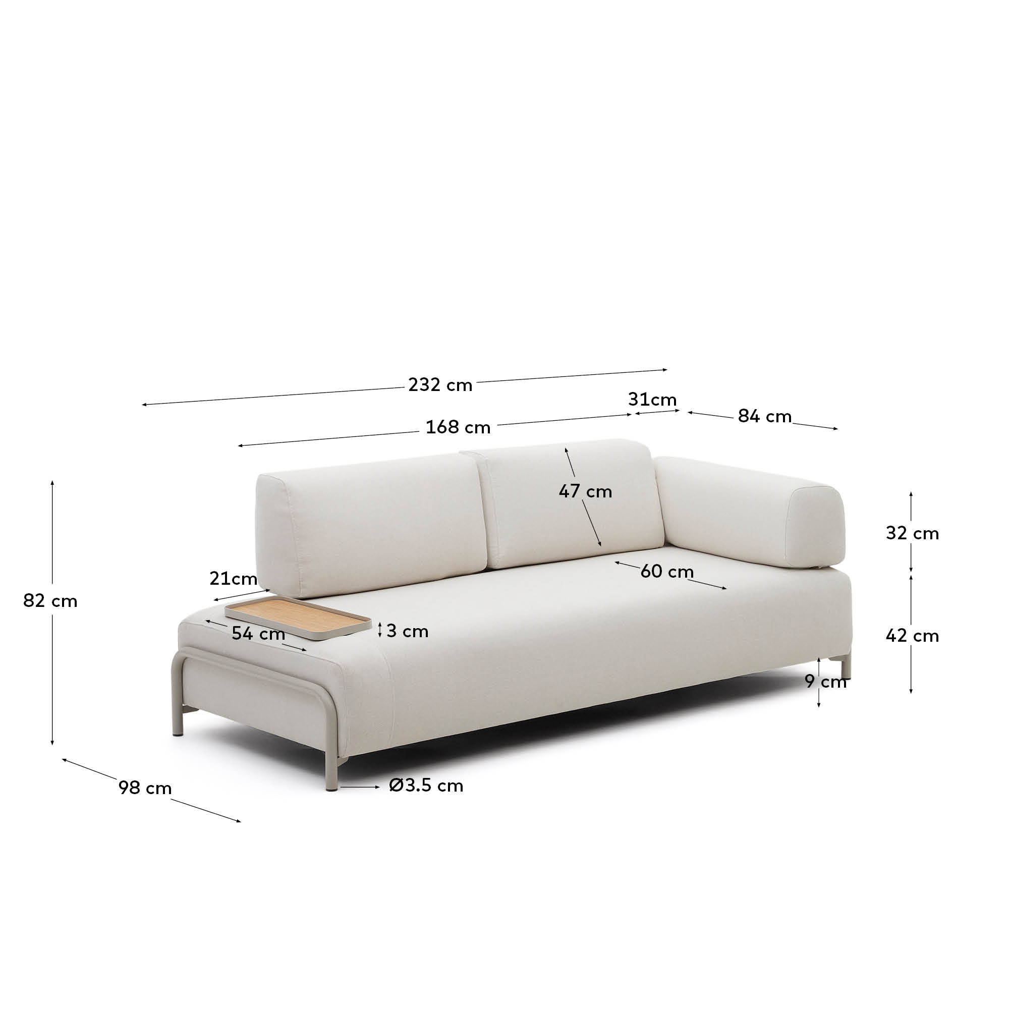 Kave Home 3-zits Bank 'Compo' Met blad links, Chenille, kleur Beige
