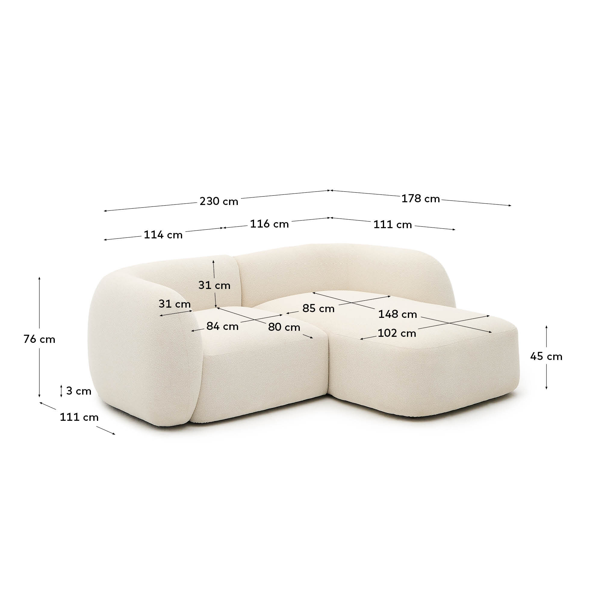 Kave Home 2-zits Loungebank 'Martina' Rechts, 230cm, Structuurstof, kleur Ecru