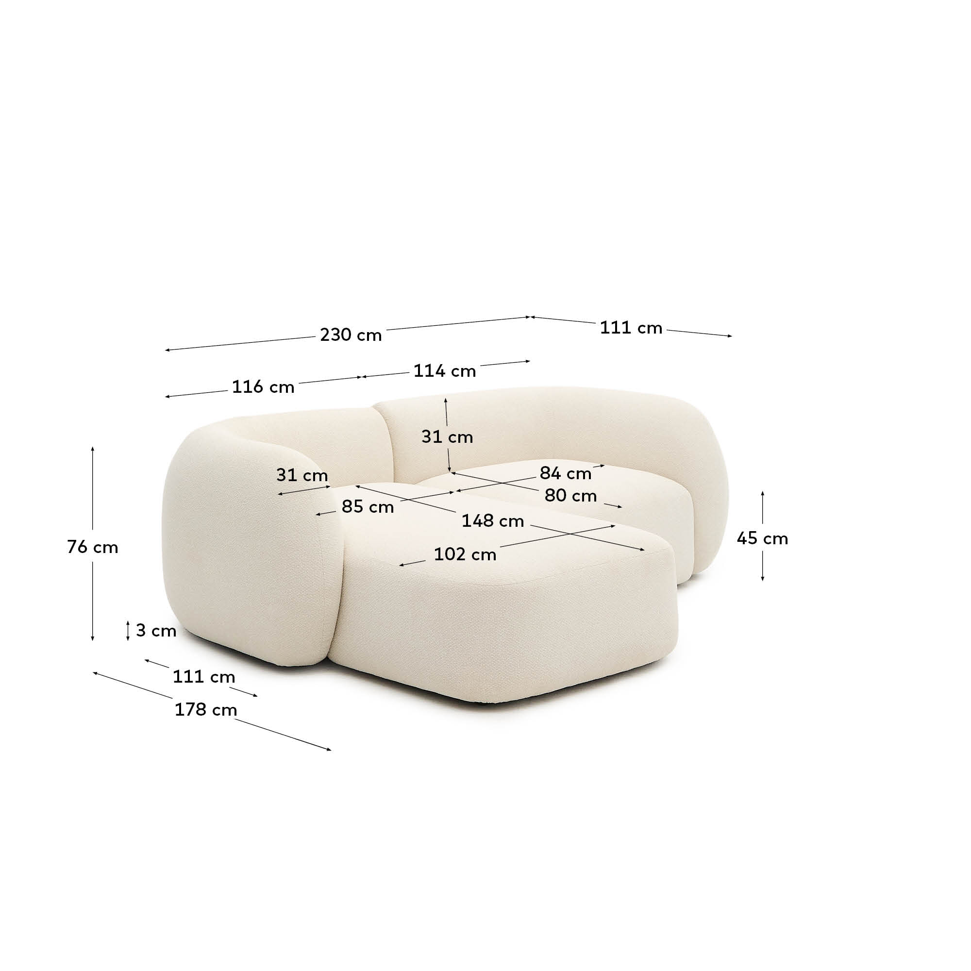 Kave Home 2-zits Loungebank 'Martina' Links, 230cm, Structuurstof, kleur Ecru