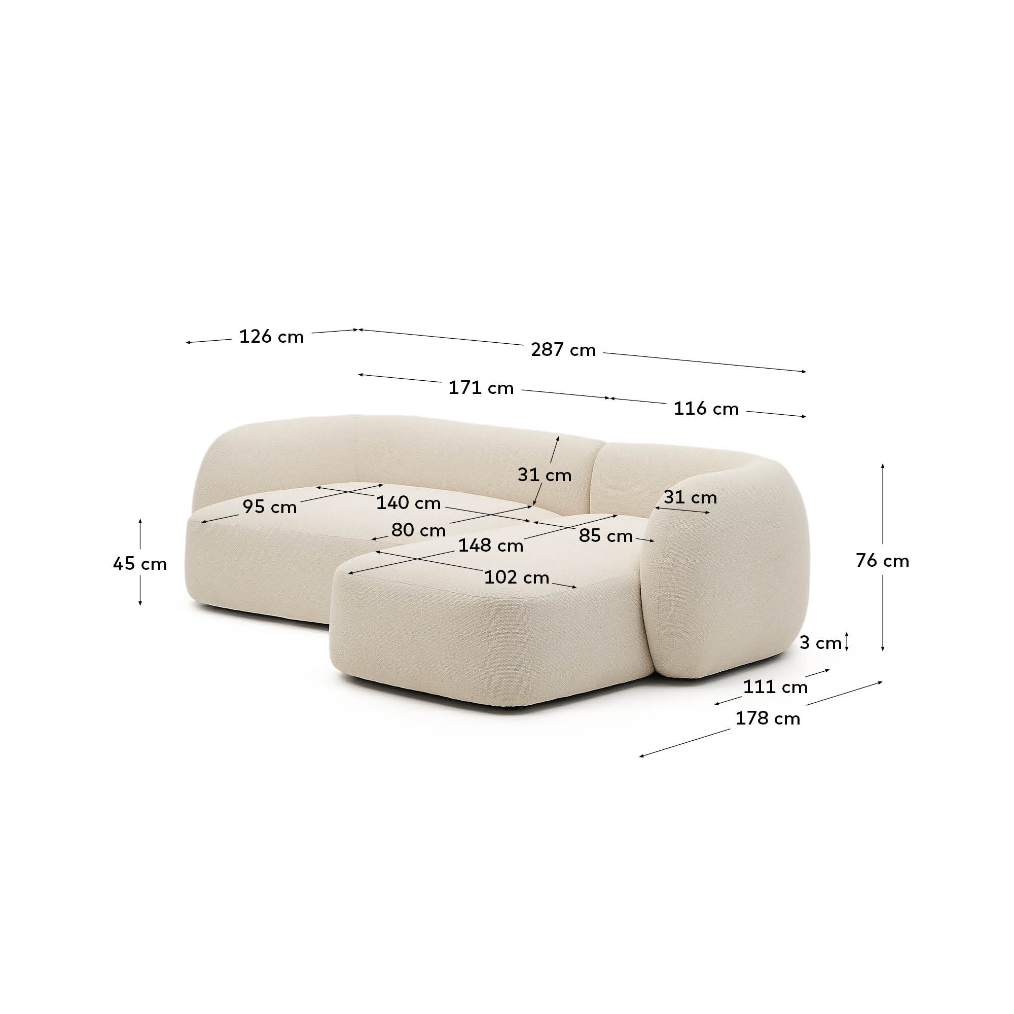 Kave Home 3-zits Loungebank 'Martina' 287cm, Rechts, Structuurstof
