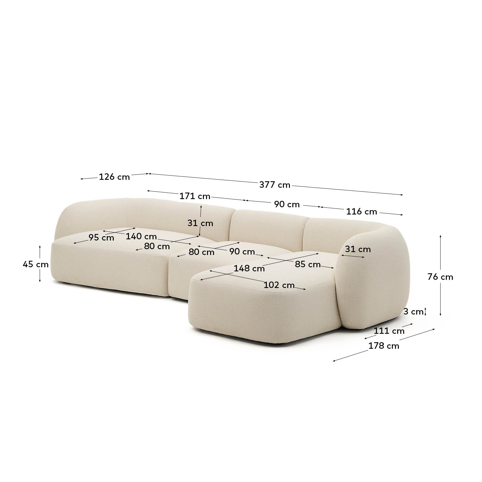 Kave Home 4-zits Loungebank 'Martina' Links, 377cm, Chenille, kleur Ecru