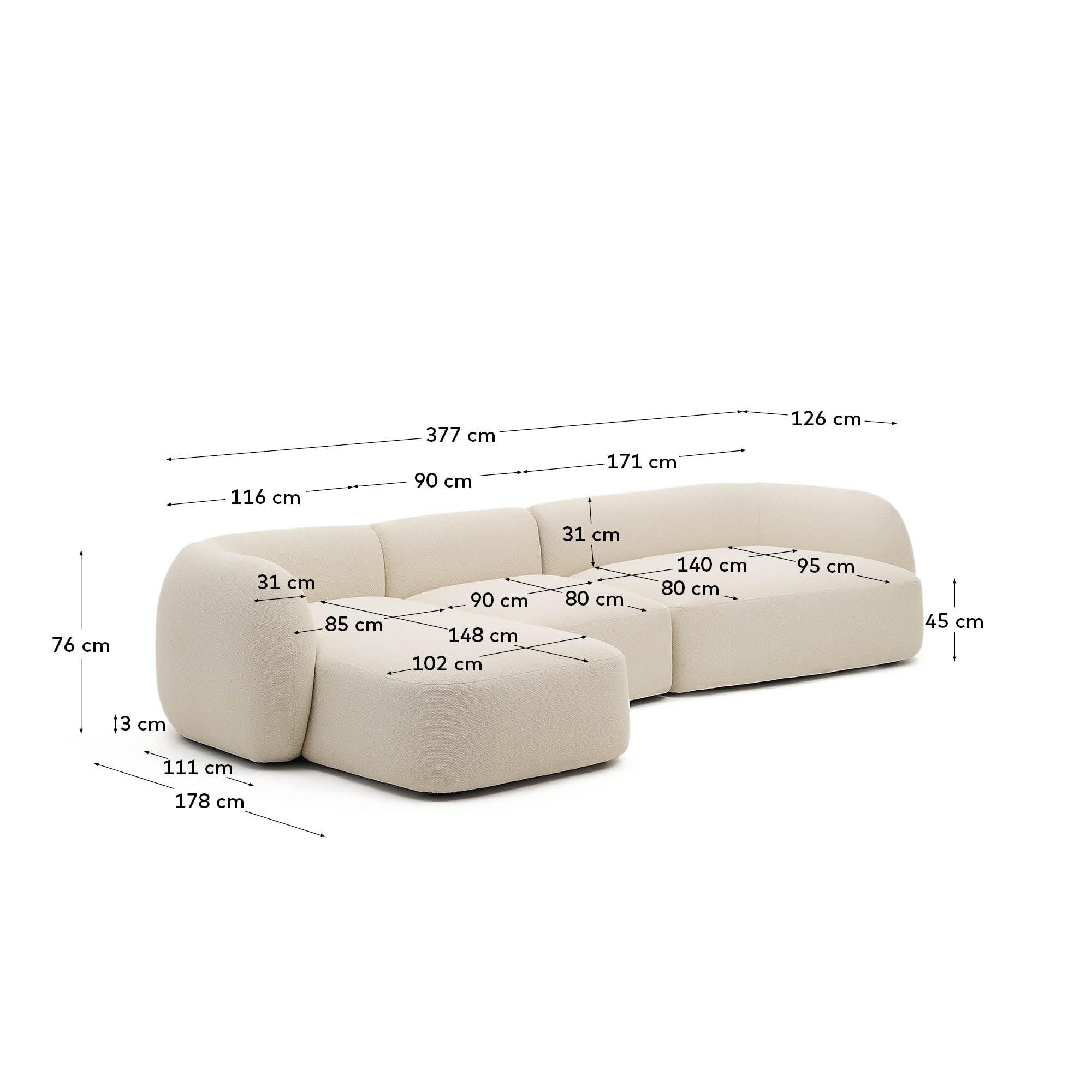 Kave Home 4-zits Loungebank 'Martina' Rechts, 377cm, Chenille, kleur Ecru