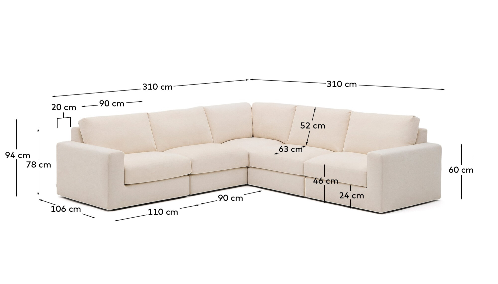 Kave Home 5-zits Hoekbank 'Alea' kleur Ecru