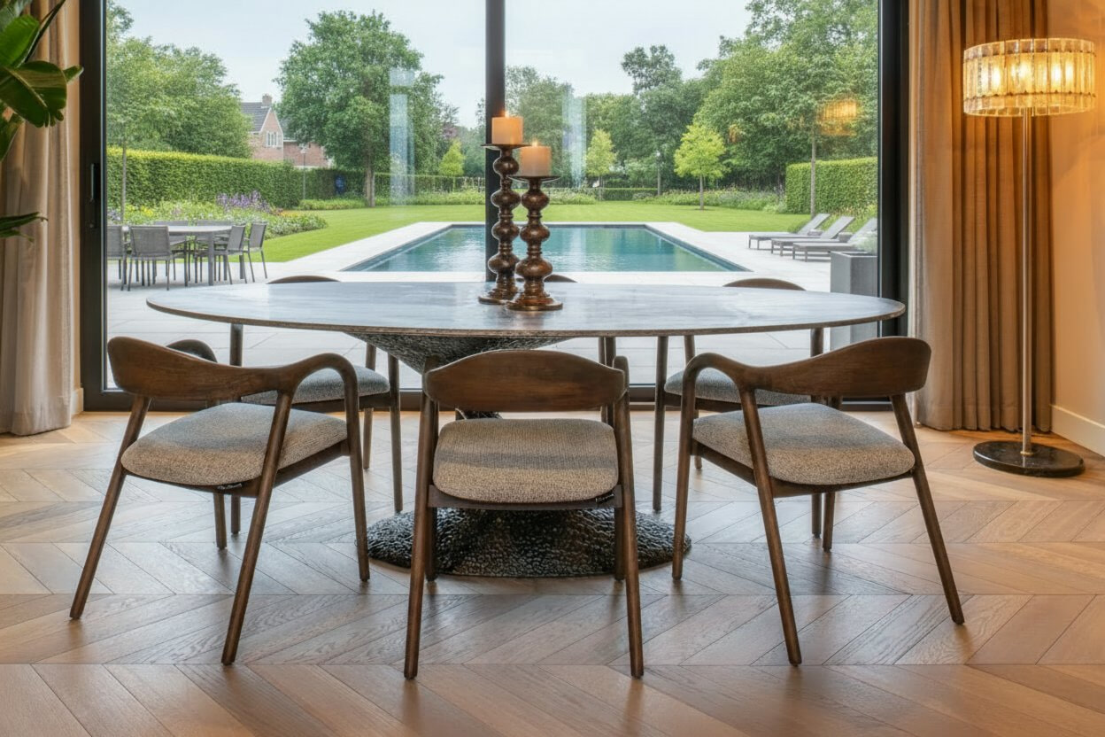 Richmond Ovale Eettafel 'Russo' Travertin en brass, 235 x 110cm