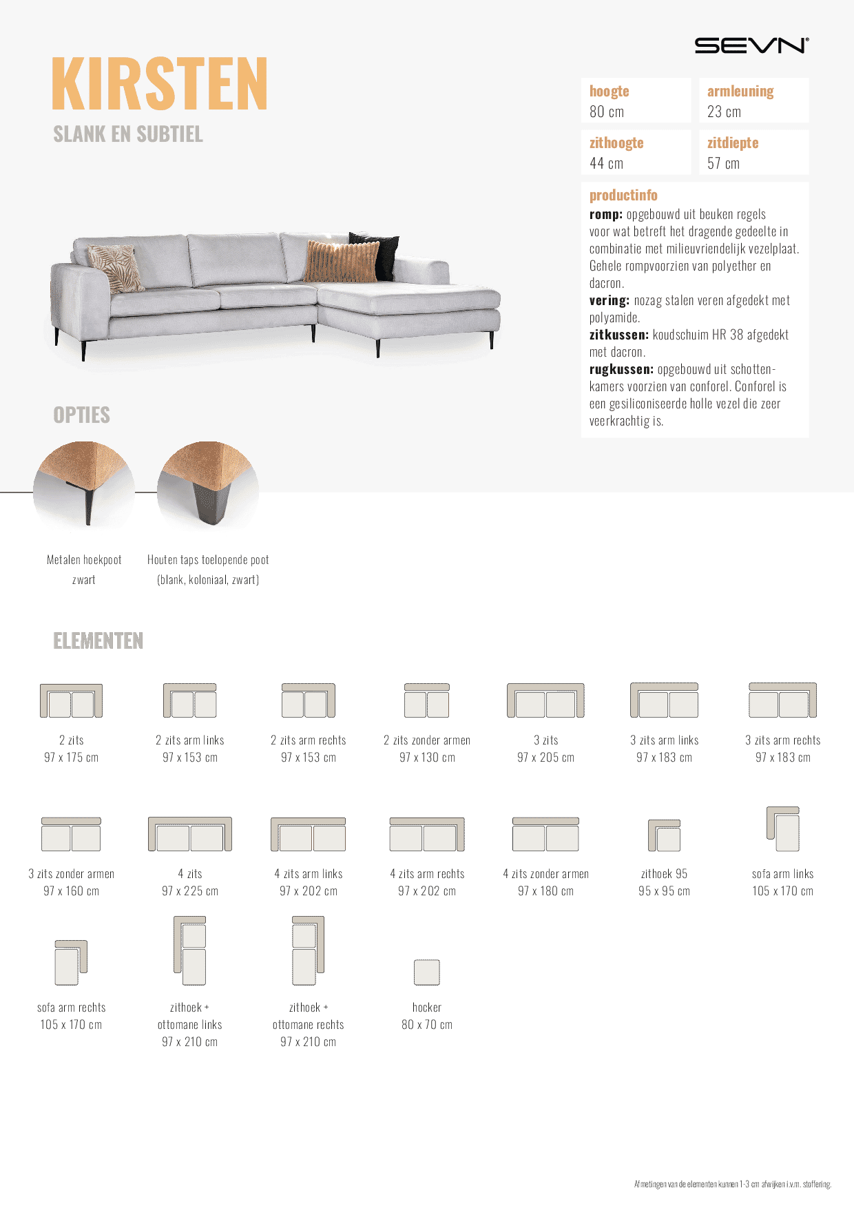 SEVN Loungebank 'Kirsten' Rechts, Rib, kleur Concrete