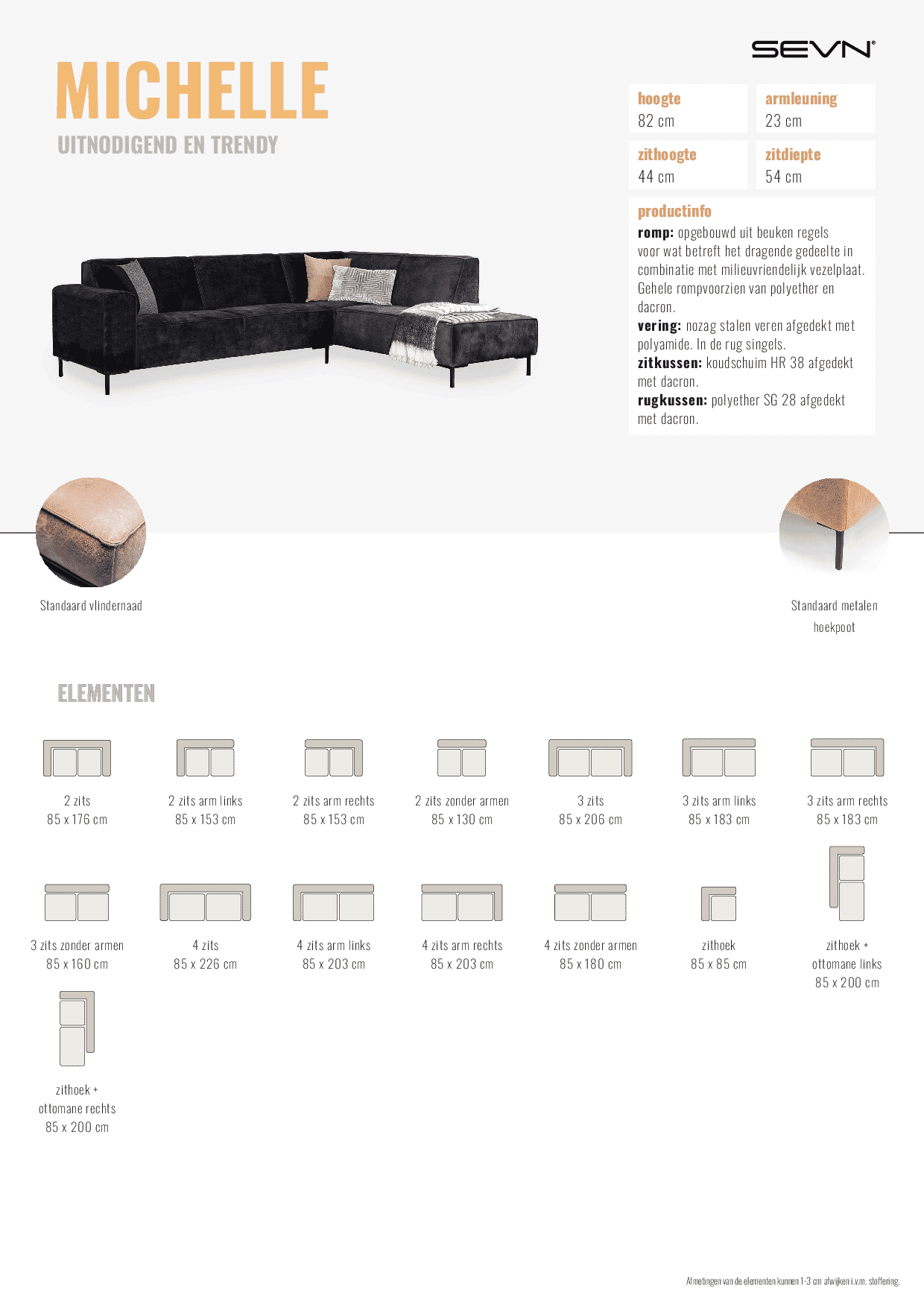 Sevn Hoekbank 'Michelle' Rechts, kleur Antraciet - Productsheet – Michelle – 30-06-2025