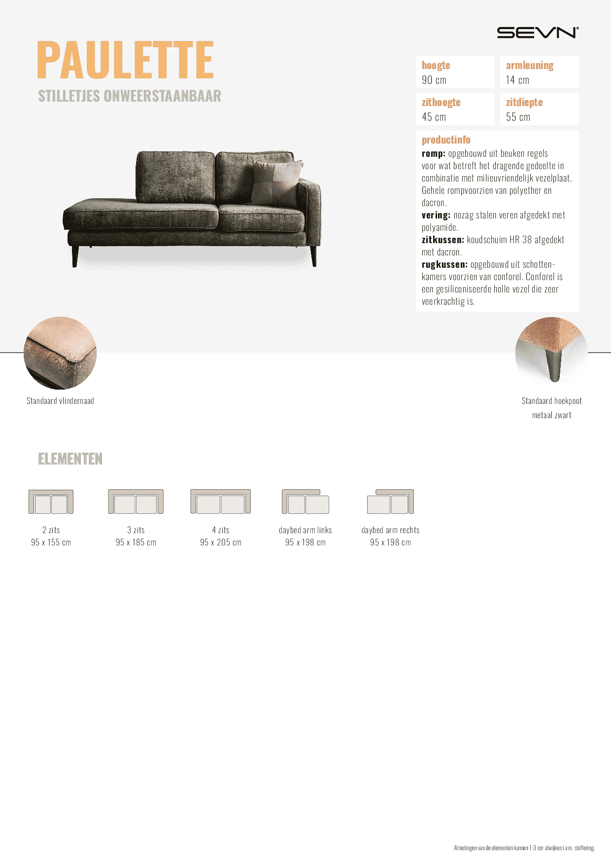 SEVN Bank 'Paulette' 4-zits, Chenille, kleur Donkergrijs - Productsheet – Paulette – 30-06-2025