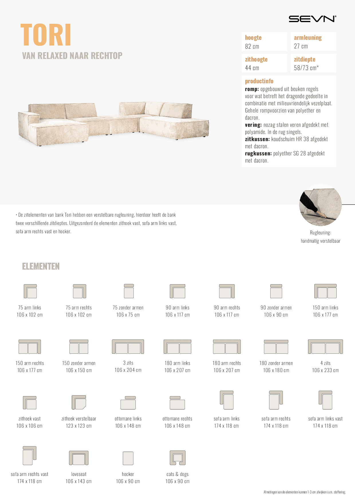 SEVN Hoekbank 'Tori' 330cm, kleur Beige - Productsheet – Tori – 30-06-2025