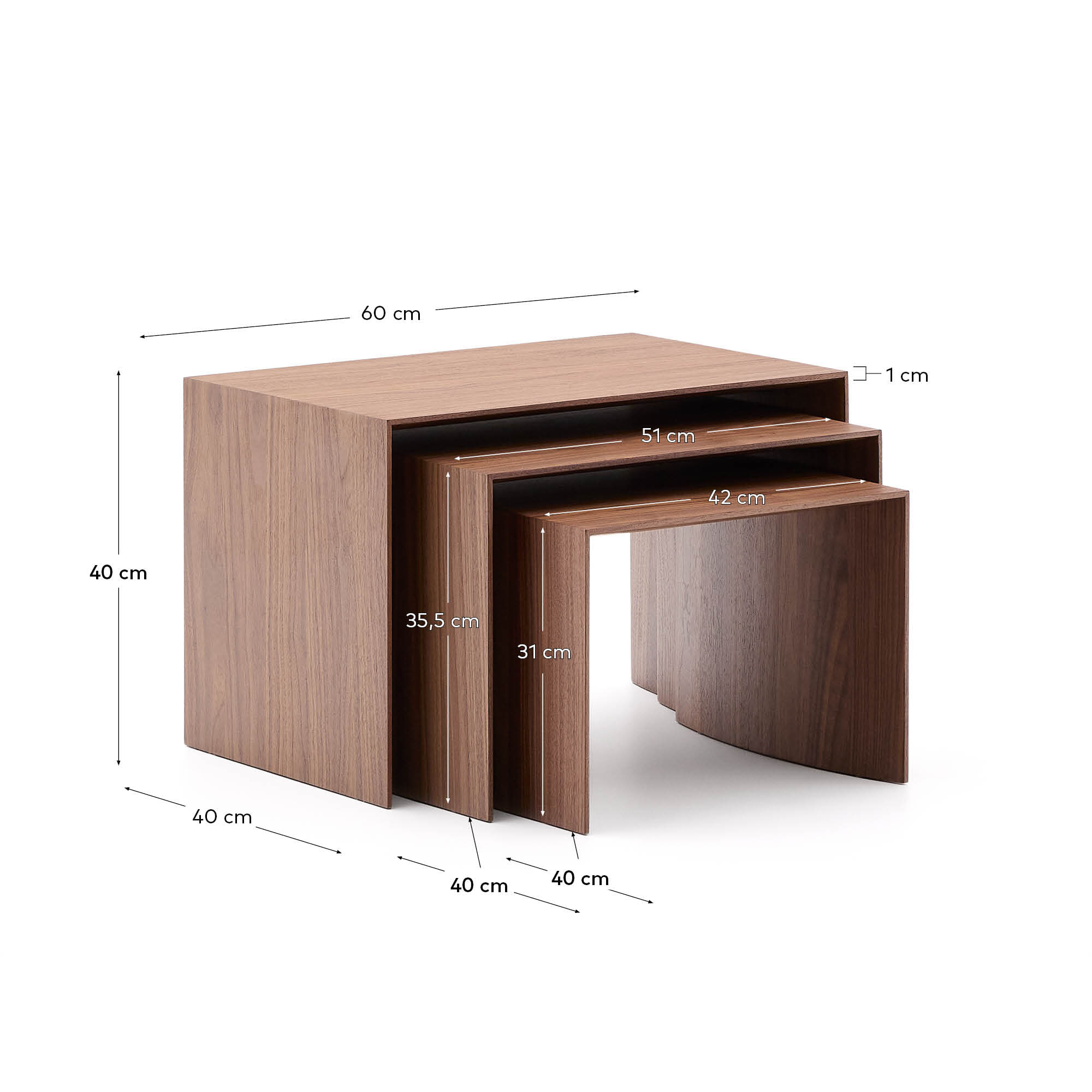 Kave Home Bijzettafel 'Litto' Walnoot, Set van 3 stuks, kleur Bruin