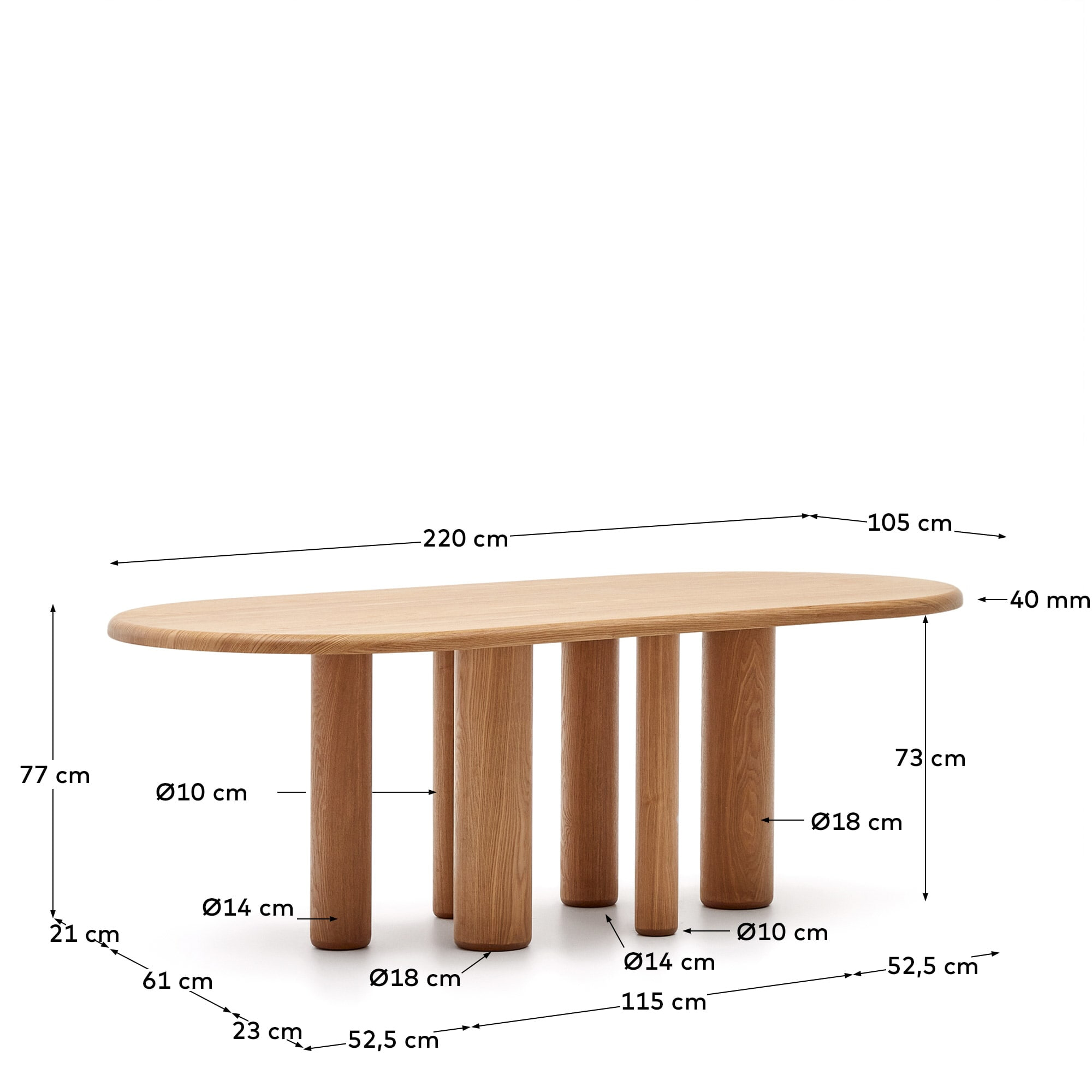 Kave Home Ovale Eettafel 'Mailen' Essenhout, 220 x 105cm, kleur Naturel
