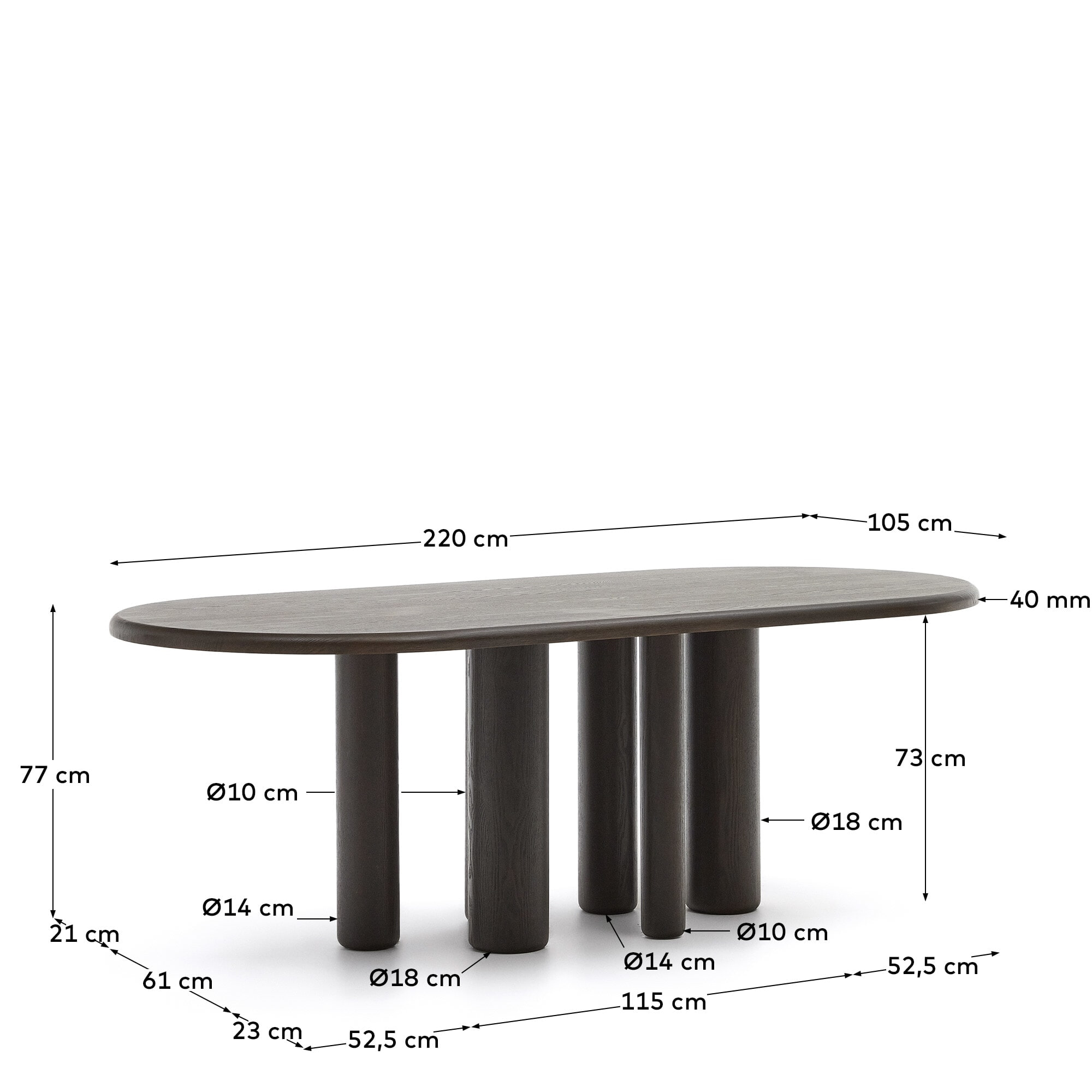 Kave Home Ovale Eettafel 'Mailen' Essenhout, 220 x 105cm, kleur Donkerbruin