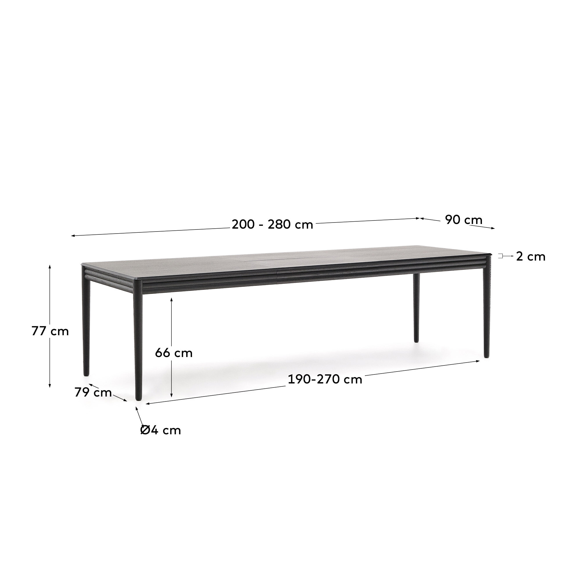 Kave Home Uitschuifbare Eettafel 'Lenon' Eikenhout, 200-280 x 90cm, kleur Zwart