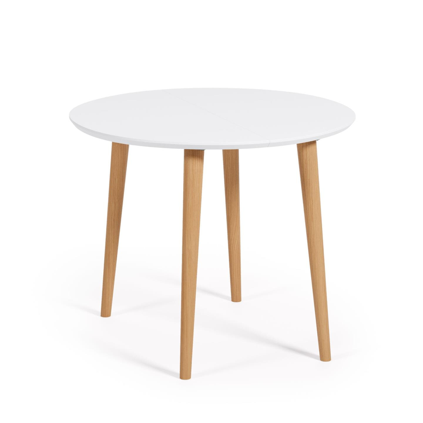 Kave Home - Oqui ovale uitschuifbare tafel met wit gelakt en beukenhouten poten 90 (170) x 90 cm