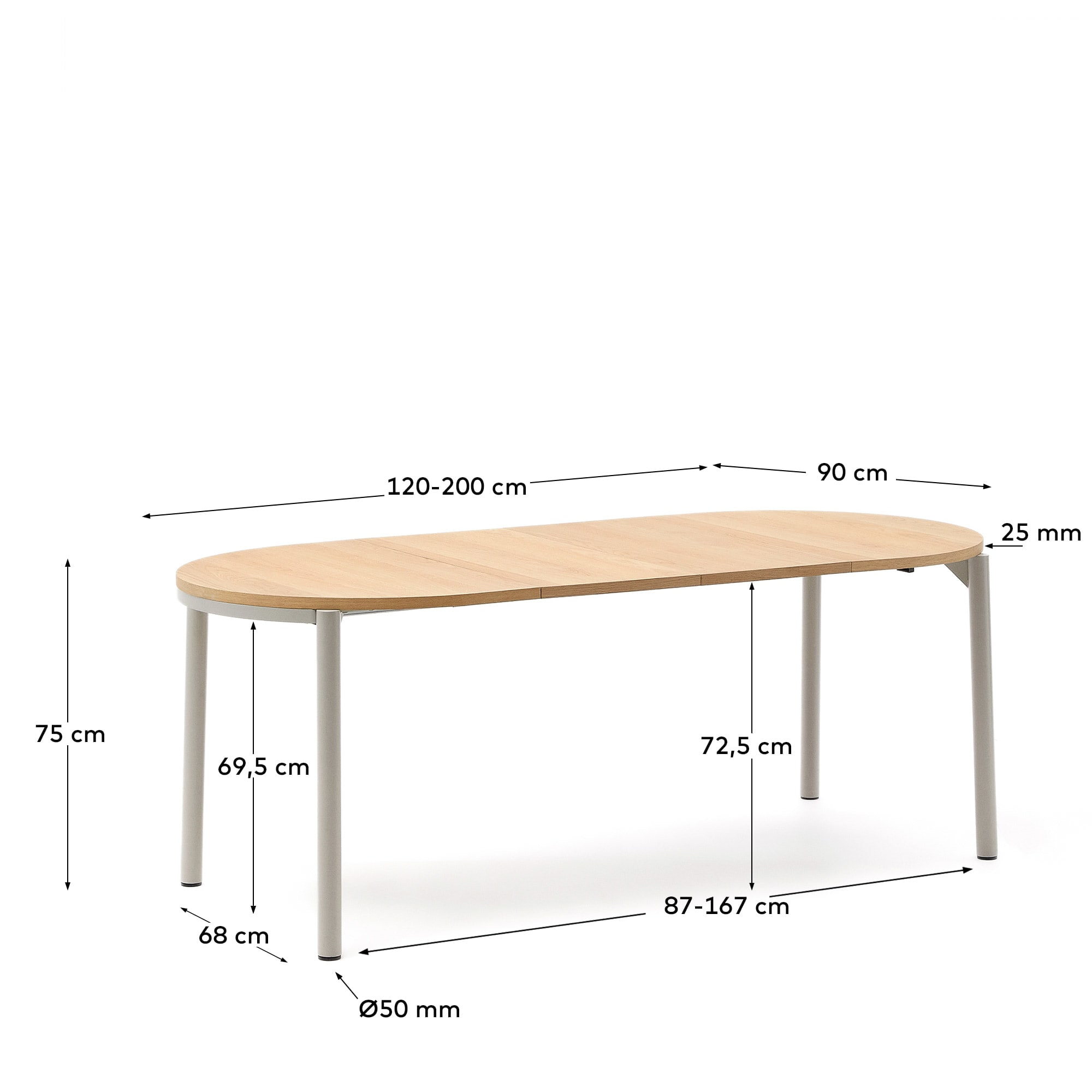 Kave Home Uitschuifbare Eettafel 'Montuiri' Eiken, 120 - 200 x 90cm, kleur Grijs