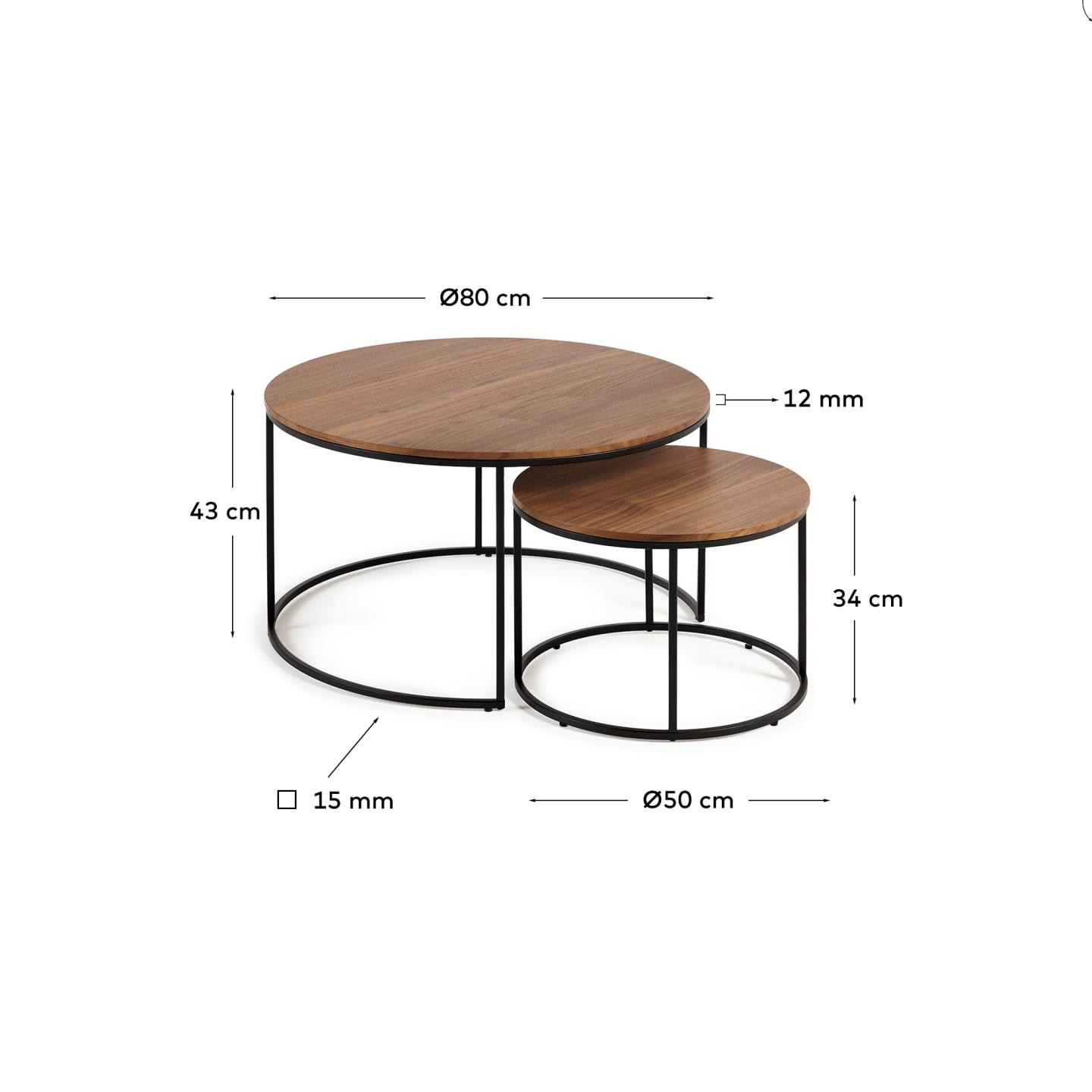 Kave Home Ronde Bijzettafel 'Yoana' Walnoot en metaal, Set van 2 stuks, kleur Bruin
