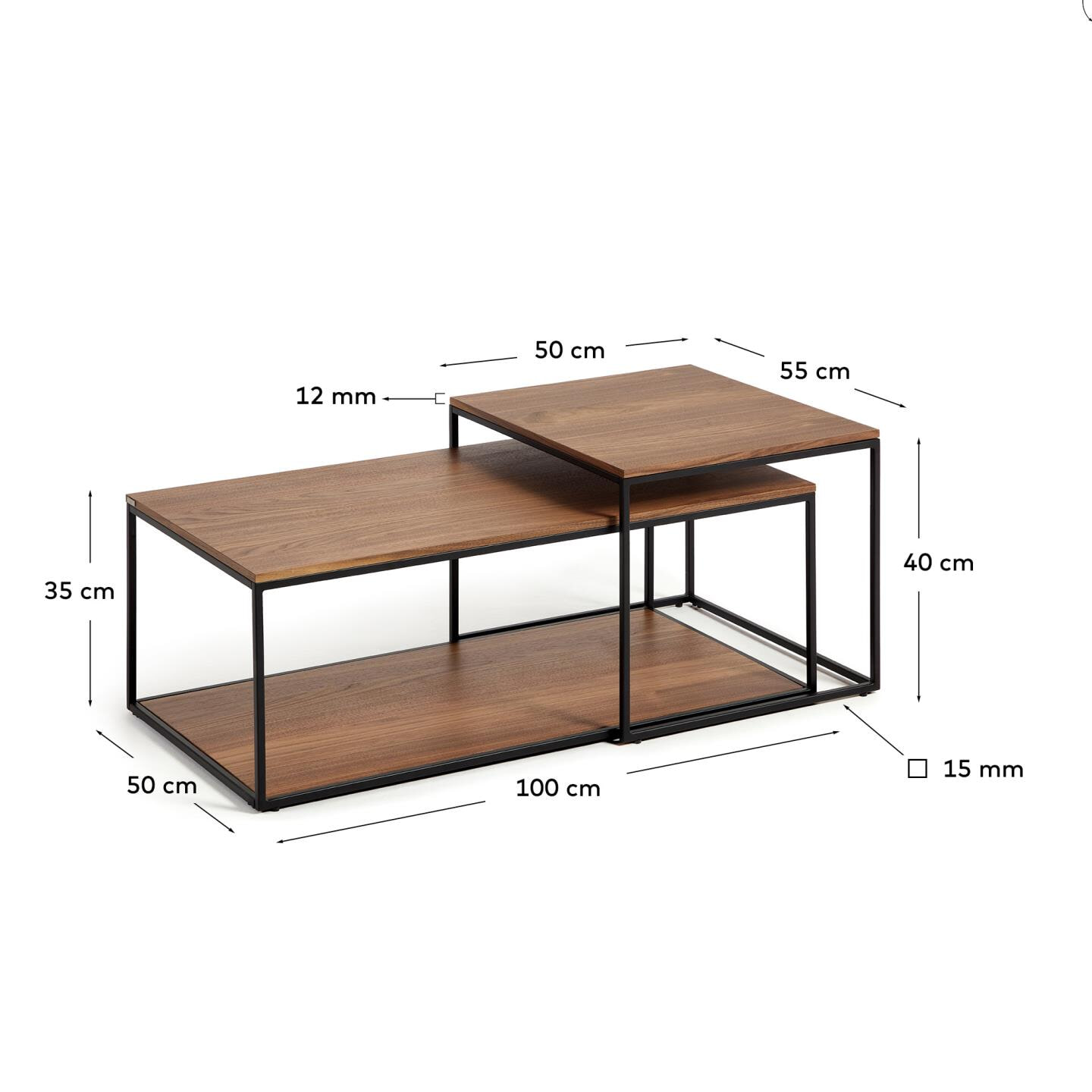 Kave Home Salontafel 'Yoana' Walnoot en metaal, Set van 2 stuks, kleur Bruin