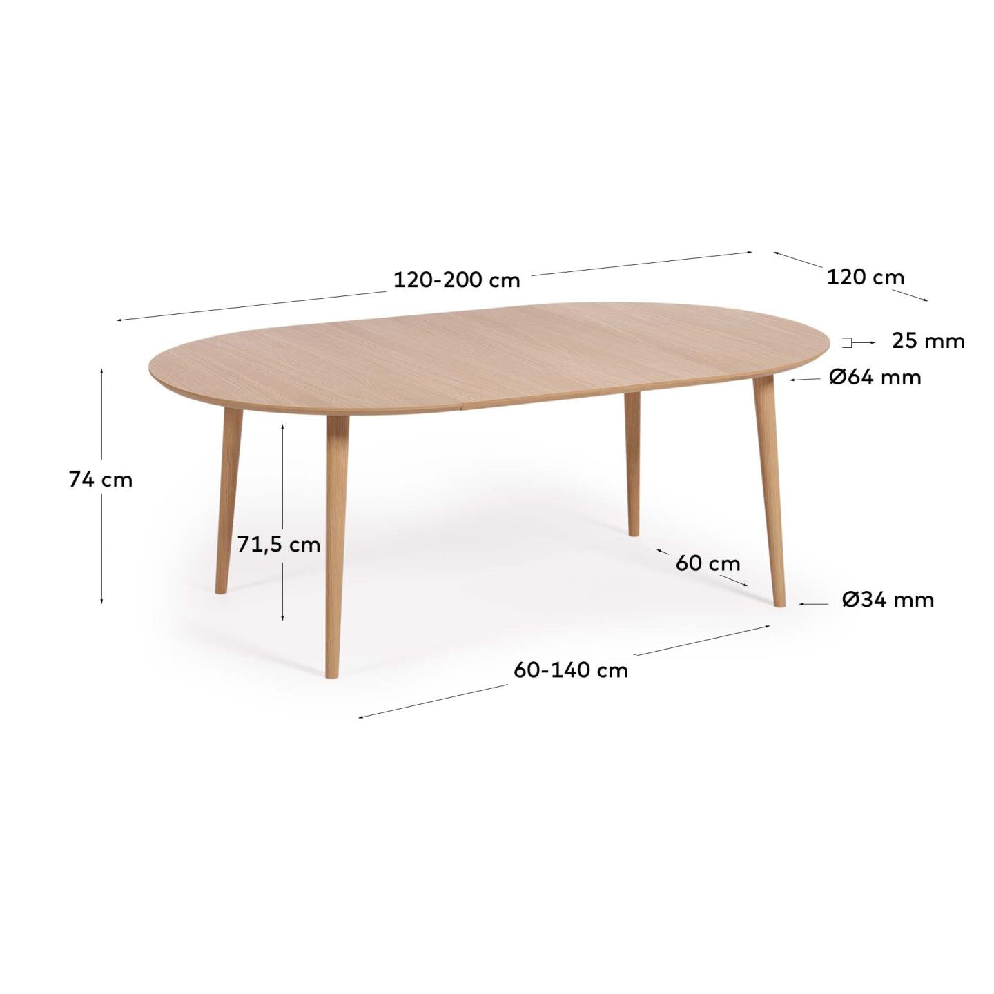 Kave Home Uitschuifbare Ronde Eettafel 'Oqui' 120 - 200 x 120cm, kleur Eiken Naturel
