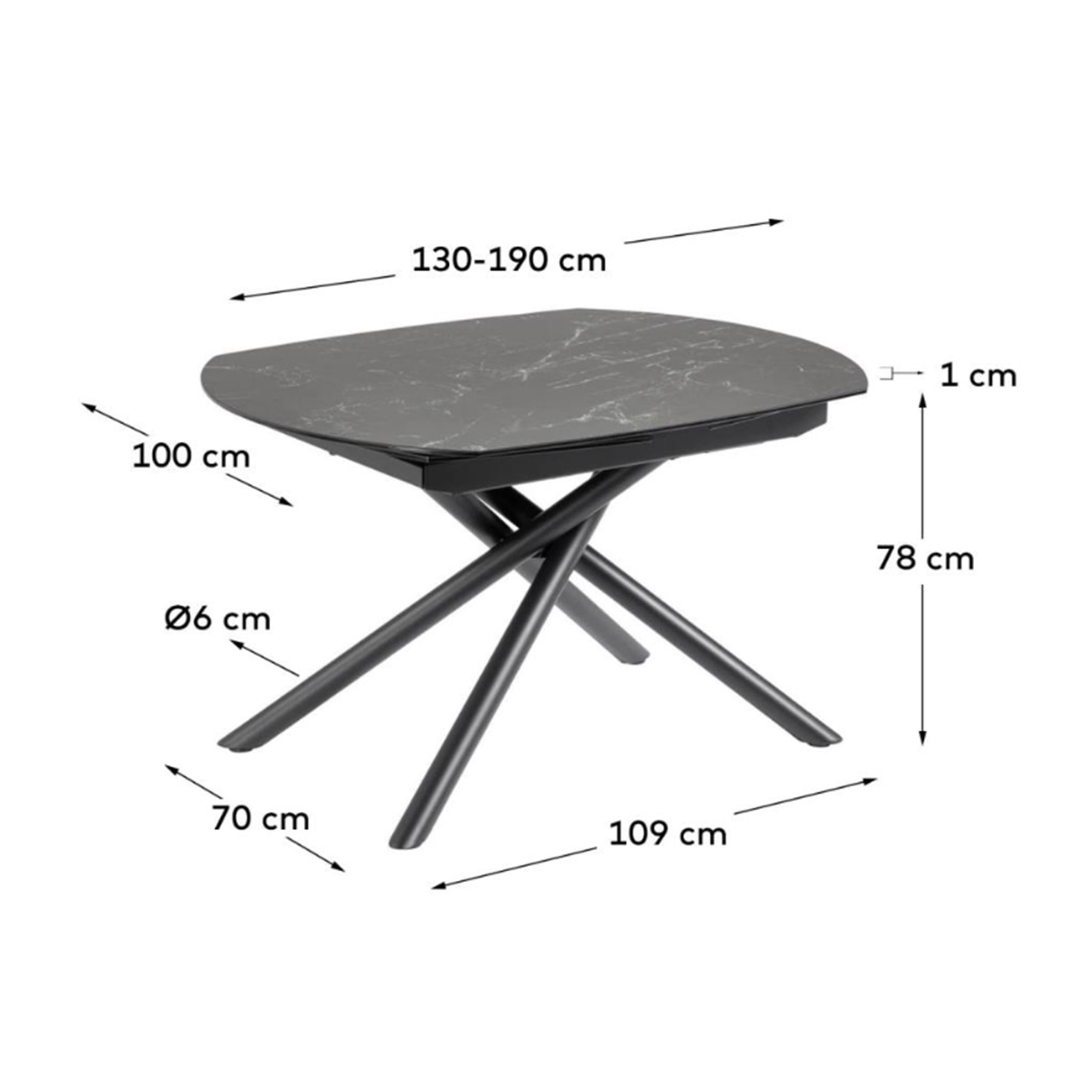 Kave Home Uitschuifbare Eettafel 'Yodalia' Zwart keramiek met marmerlook, 130-190 x 100cm