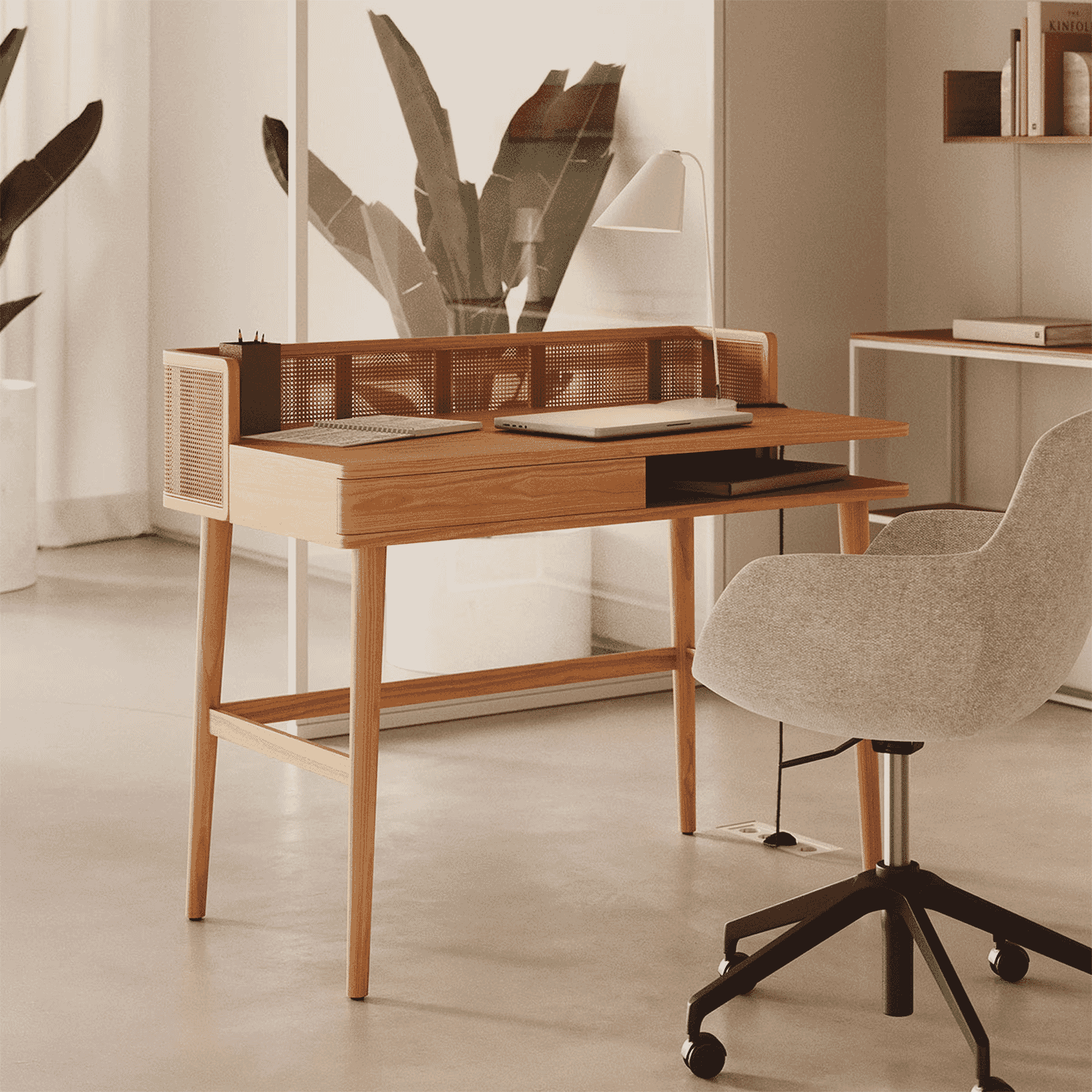Kave Home Bureau Araxi Hout en rotan, 105 x 62cm - Naturel