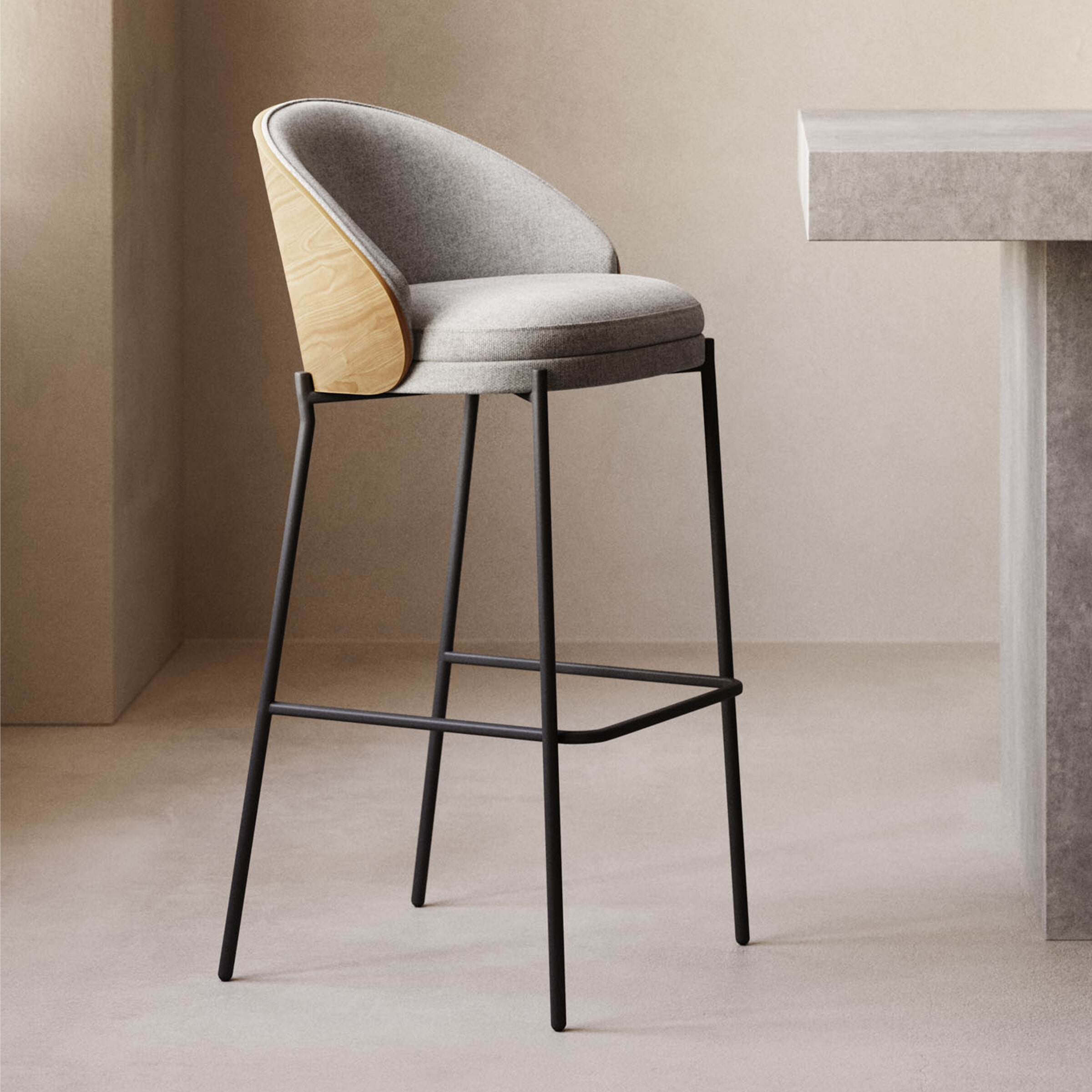 Kave Home Barkruk Eamy Essenhout - Lichtgrijs/Naturel (zithoogte 65cm)