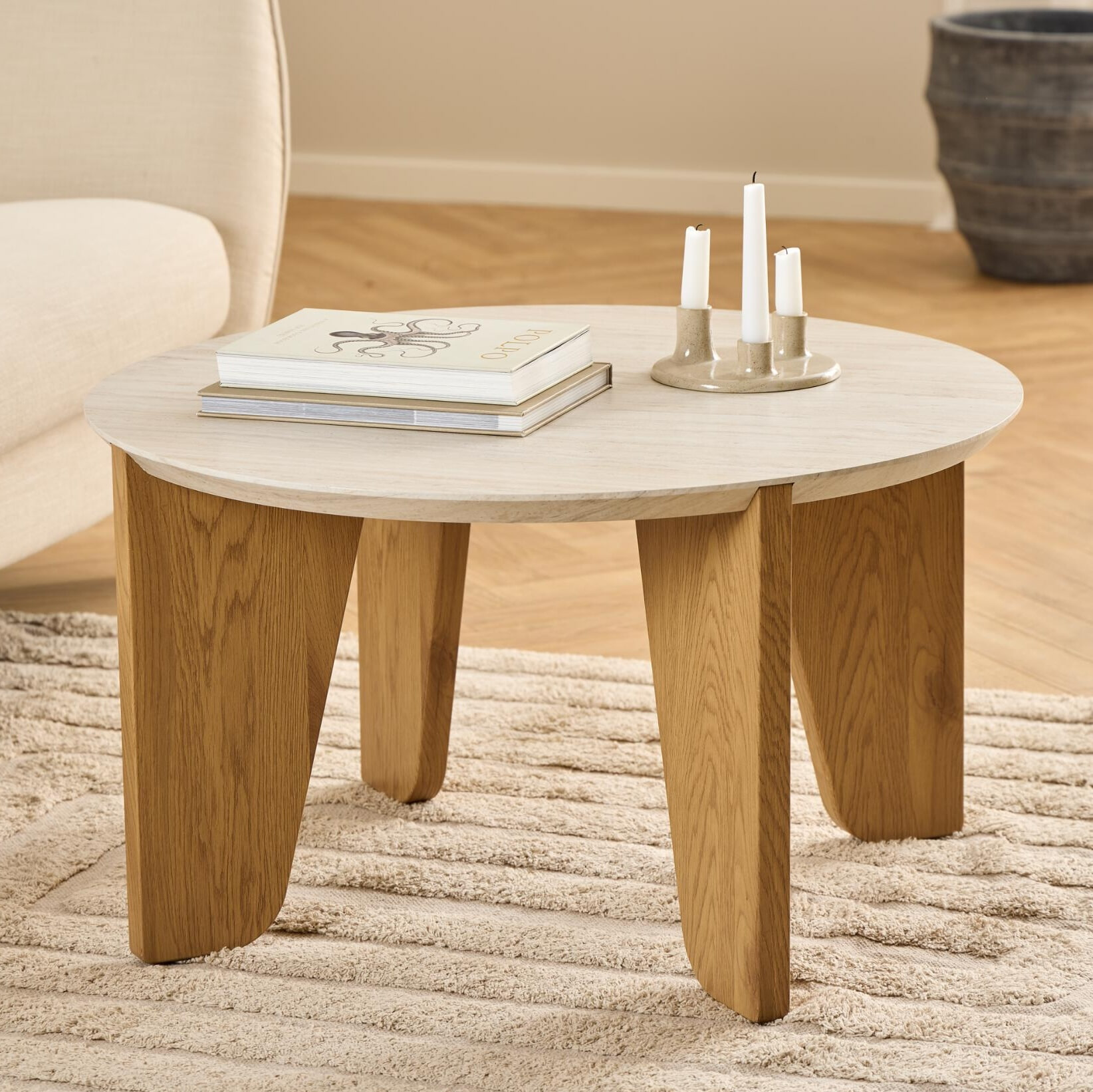 Bendt Ronde Salontafel Mikeya Travertin look, 80cm - Beige