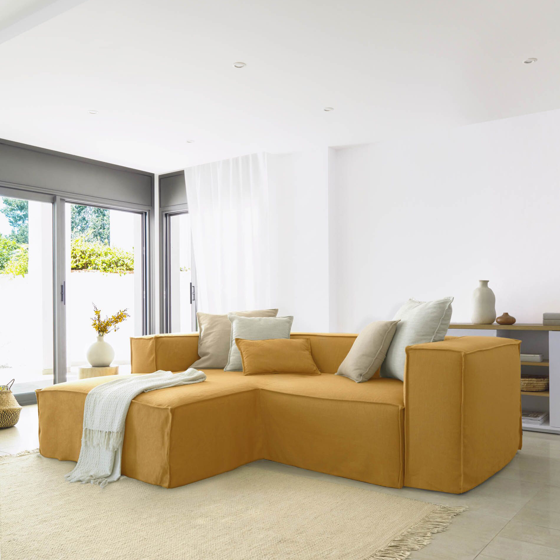 Kave Home 2-zits Loungebank 'Blok' Links 240cm, Linnen, kleur Mosterdgeel Kave Home 2-zits Loungebank 'Blok' Links 240cm, Linnen, kleur Mosterdgeel