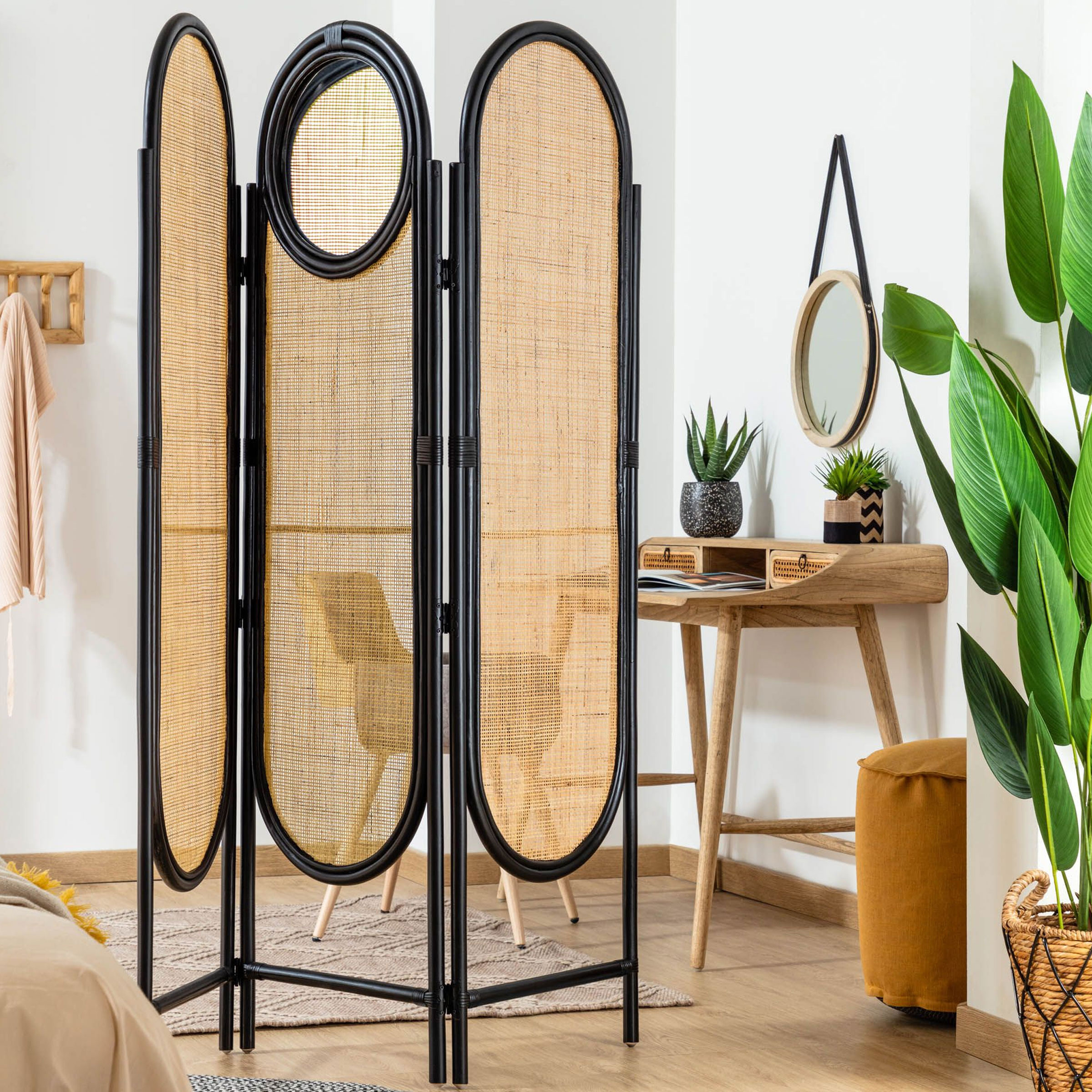 Kave Home Roomdivider Lalita met spiegel, Rotan - Webbing - Naturel