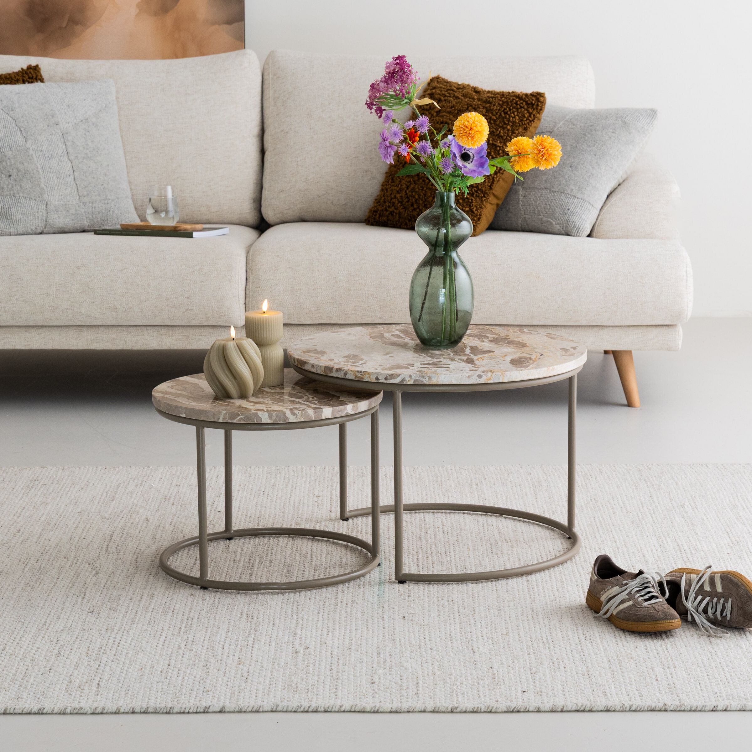 By-Boo Ronde Salontafel Alvar Marmer, Set van 2 stuks - Beige