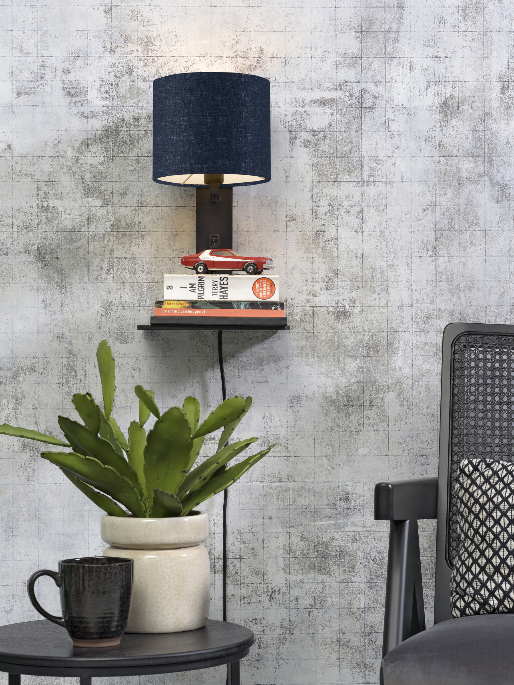 GOOD&MOJO Wandlamp 'Andes' Bamboe en Eco linnen, Met plank, kleur Denimblauw