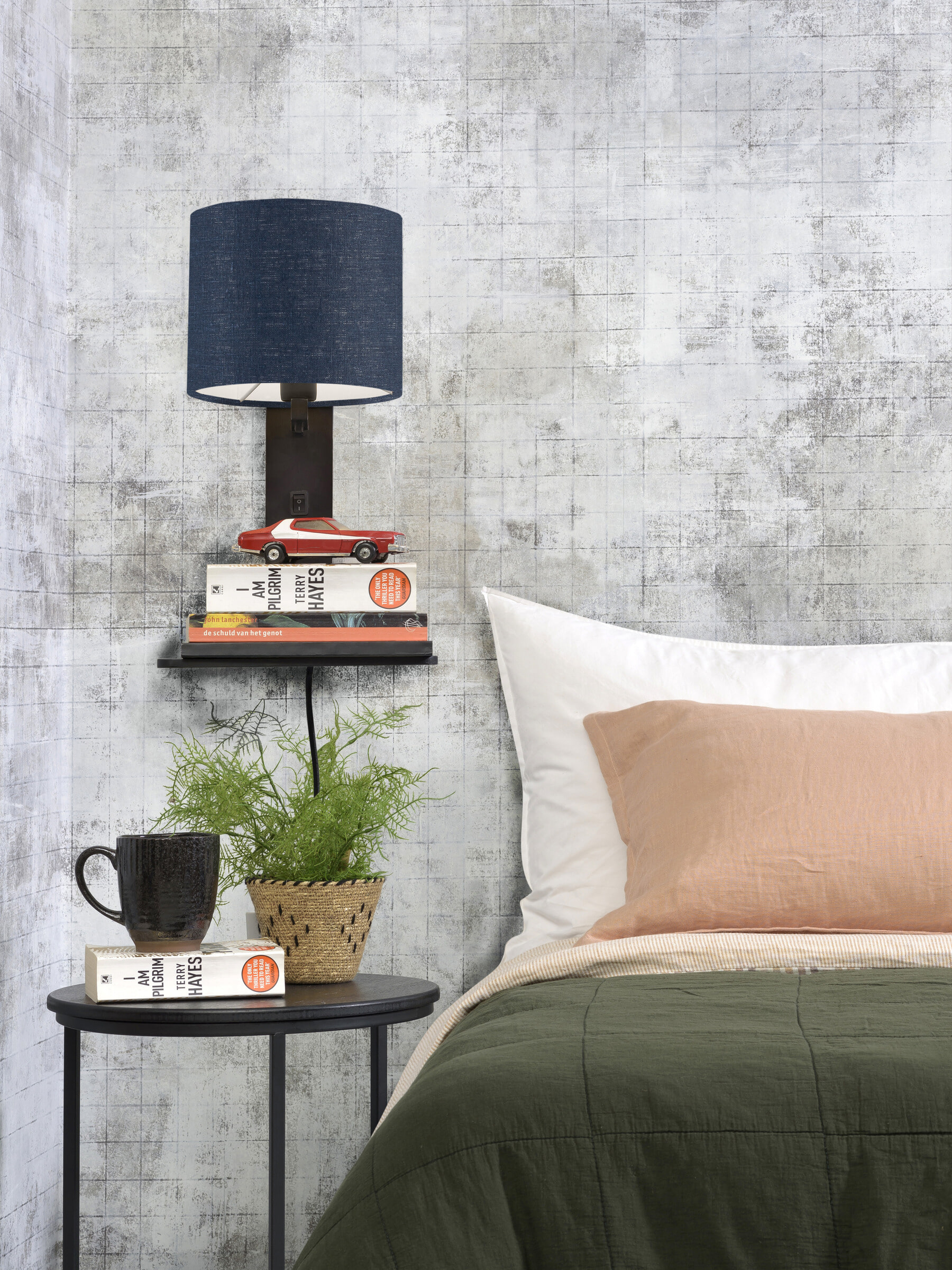 GOOD&MOJO Wandlamp 'Andes' Bamboe en Eco linnen, Met plank, kleur Denimblauw