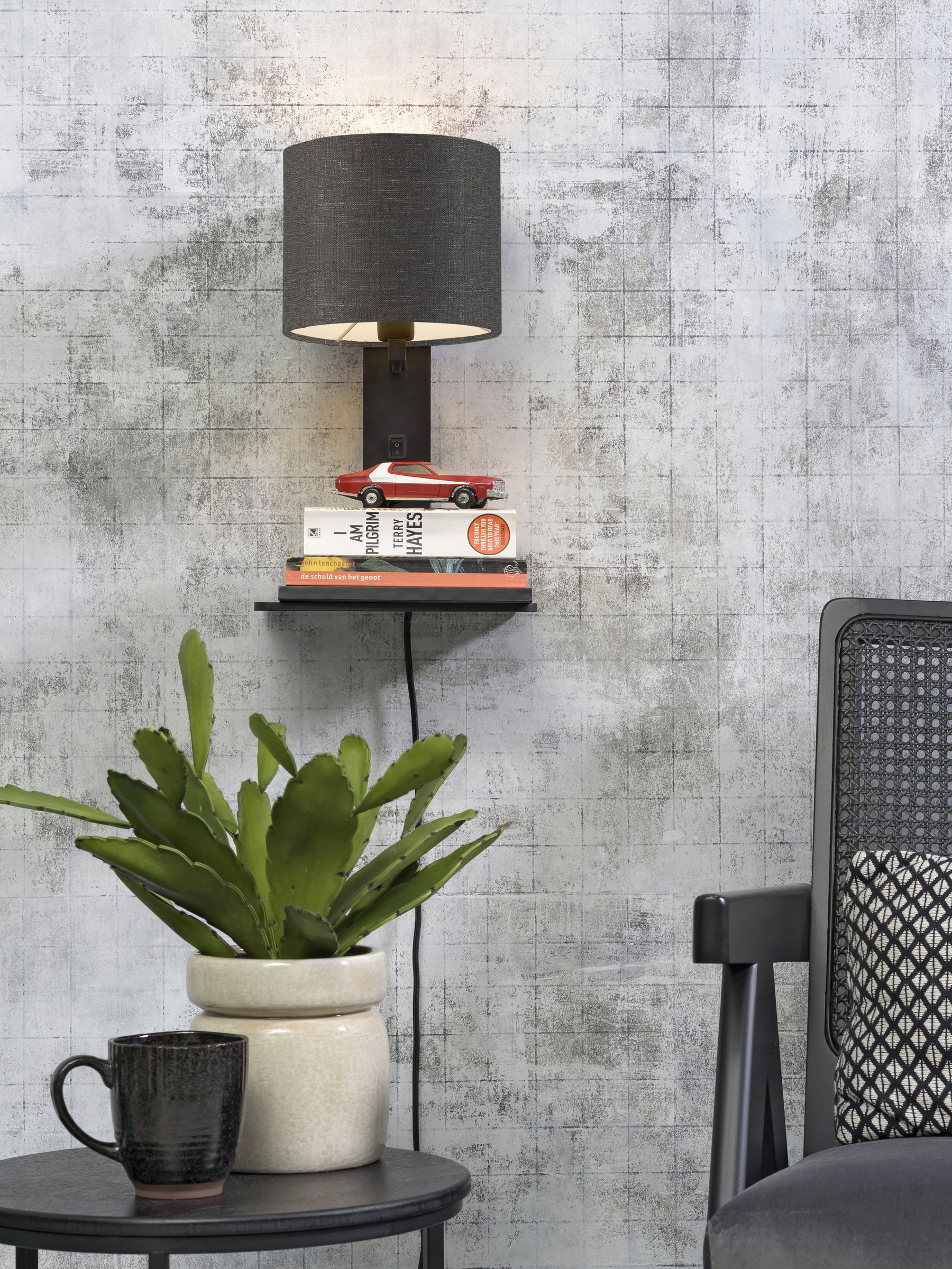 GOOD&MOJO Wandlamp 'Andes' Bamboe en Eco linnen, Met plank, kleur Donkergrijs