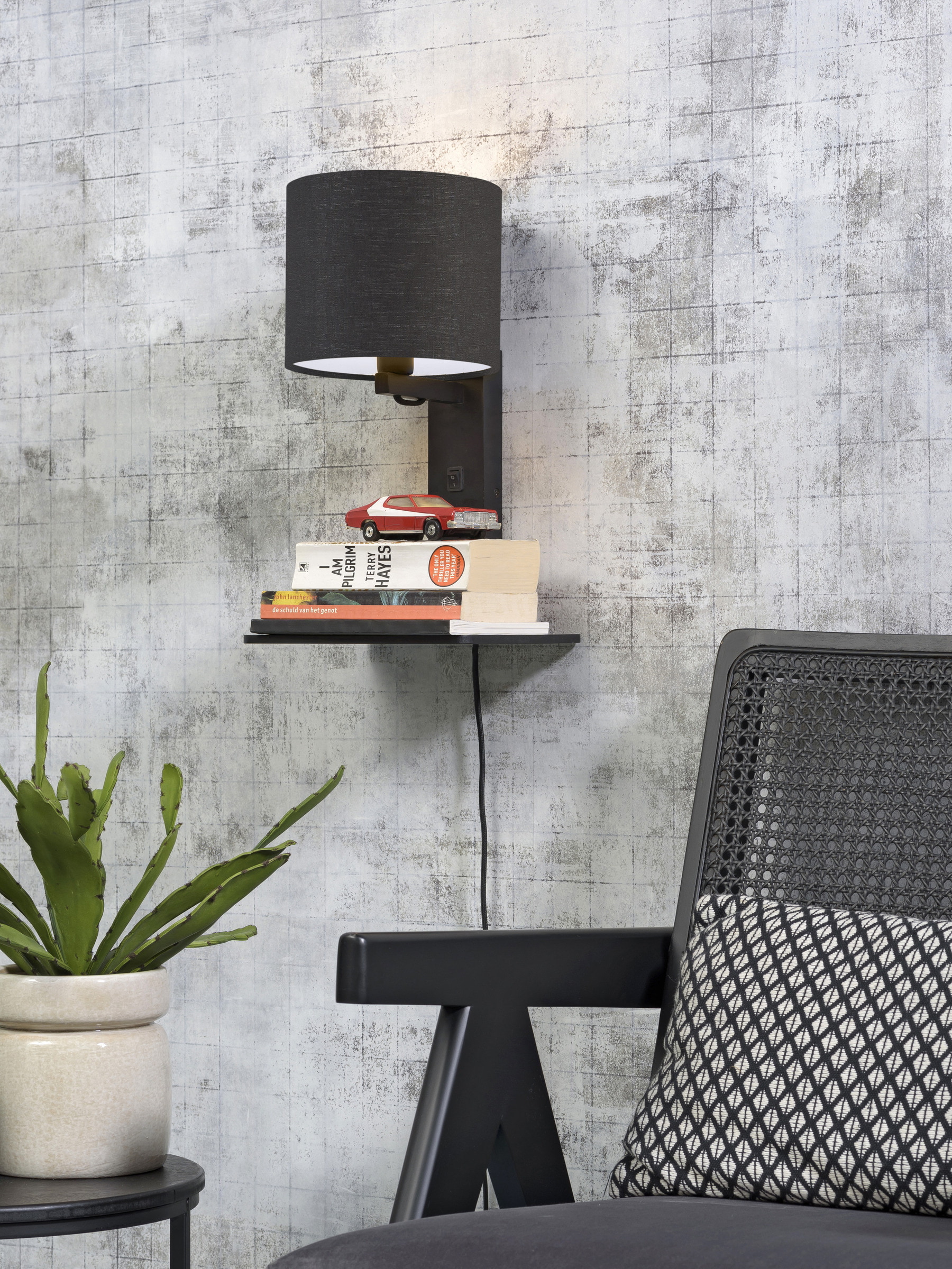GOOD&MOJO Wandlamp 'Andes' Bamboe en Eco linnen, Met plank, kleur Donkergrijs