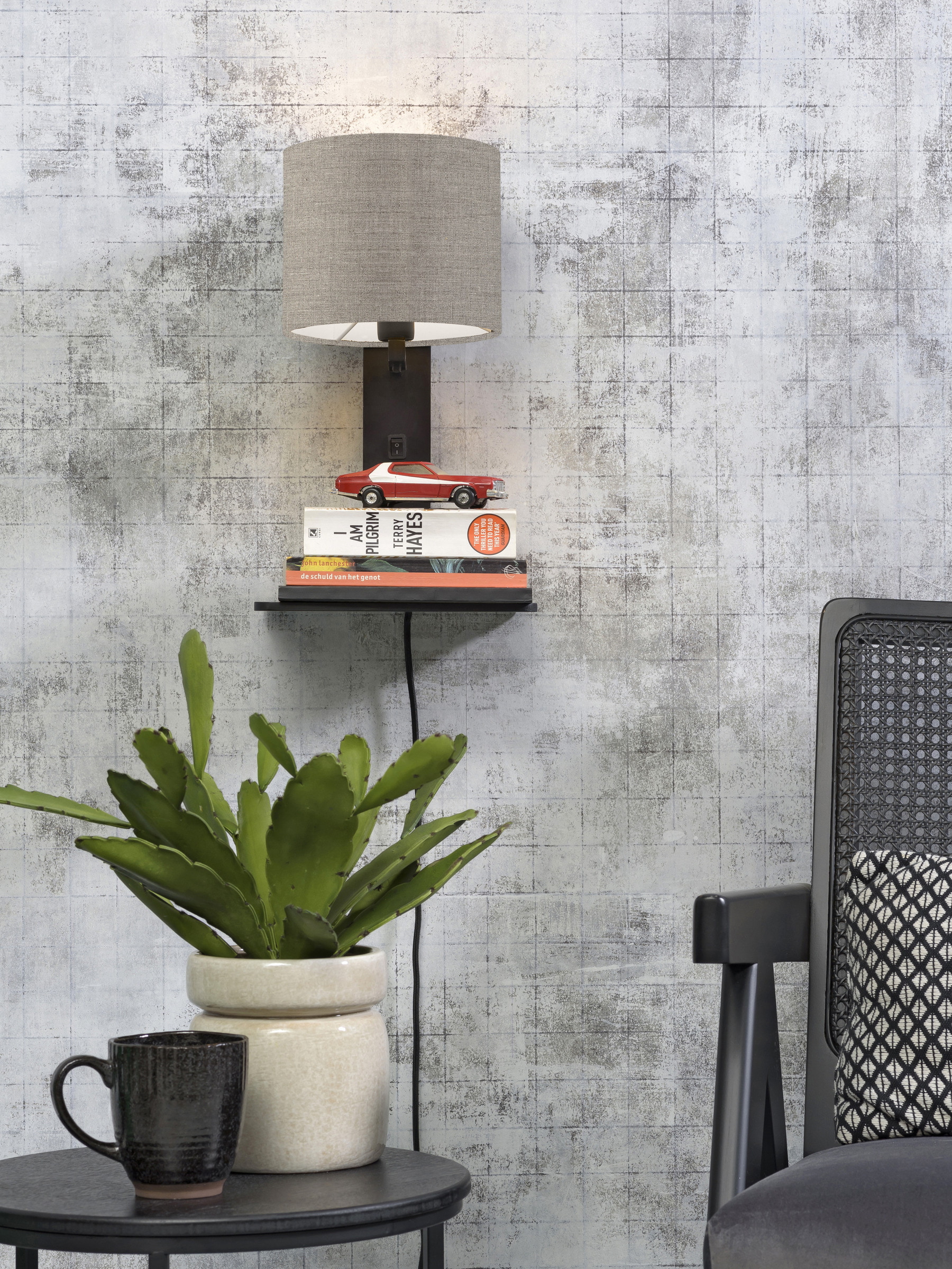 GOOD&MOJO Wandlamp 'Andes' Bamboe en Eco linnen, Met plank, kleur Donkerbeige