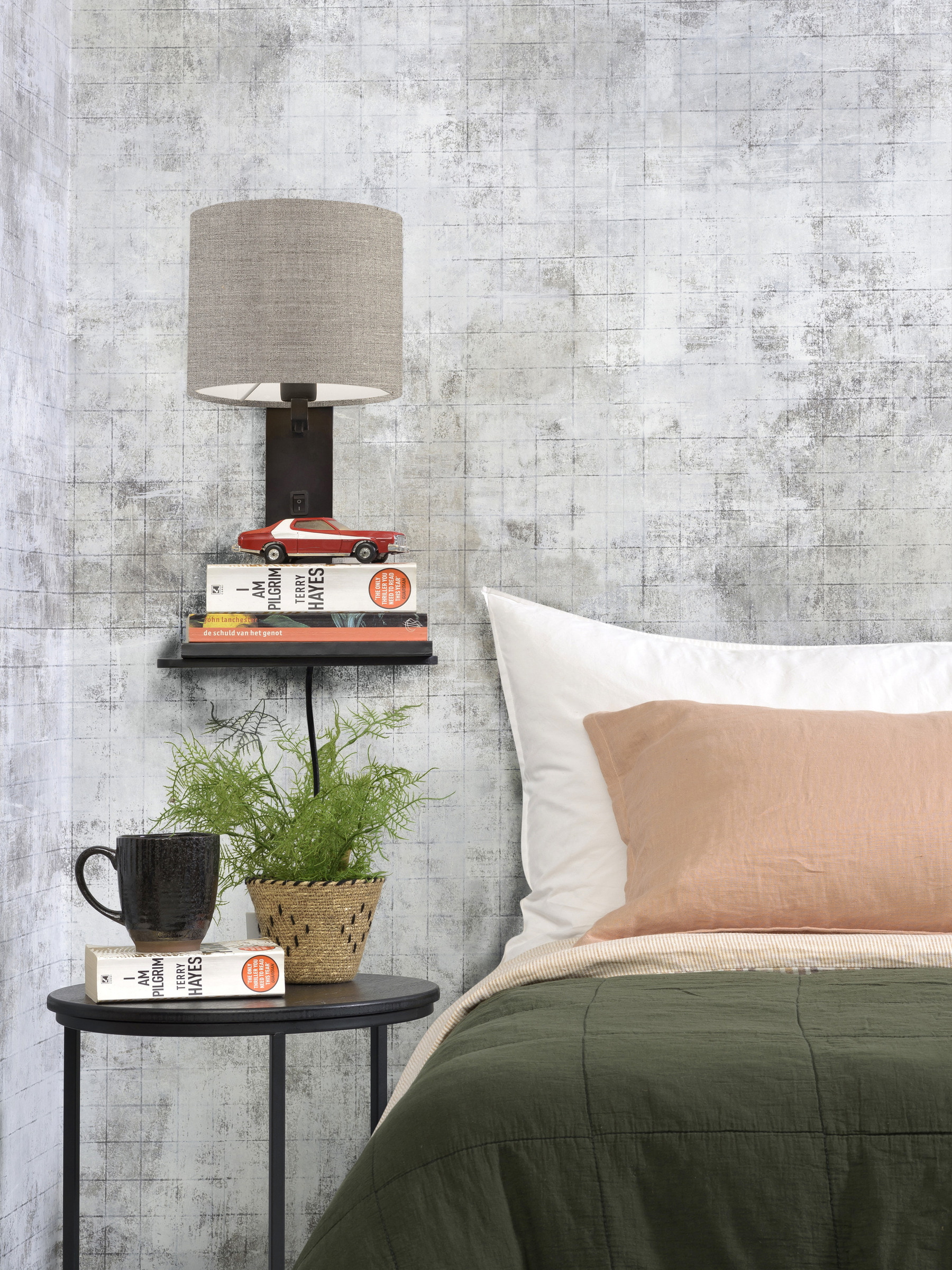GOOD&MOJO Wandlamp 'Andes' Bamboe en Eco linnen, Met plank, kleur Donkerbeige