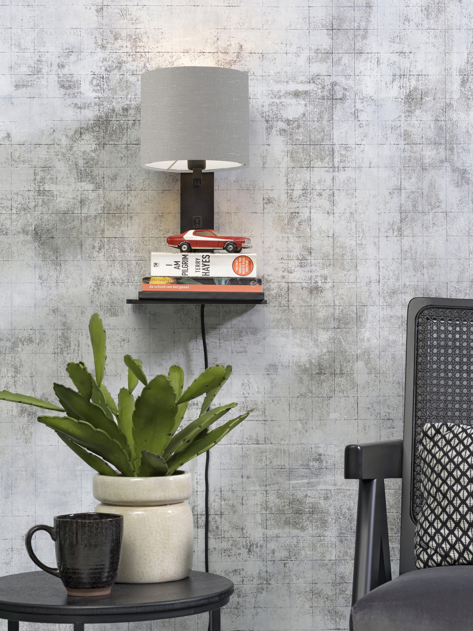 GOOD&MOJO Wandlamp 'Andes' Bamboe en Eco linnen, Met plank, kleur Lichtgrijs