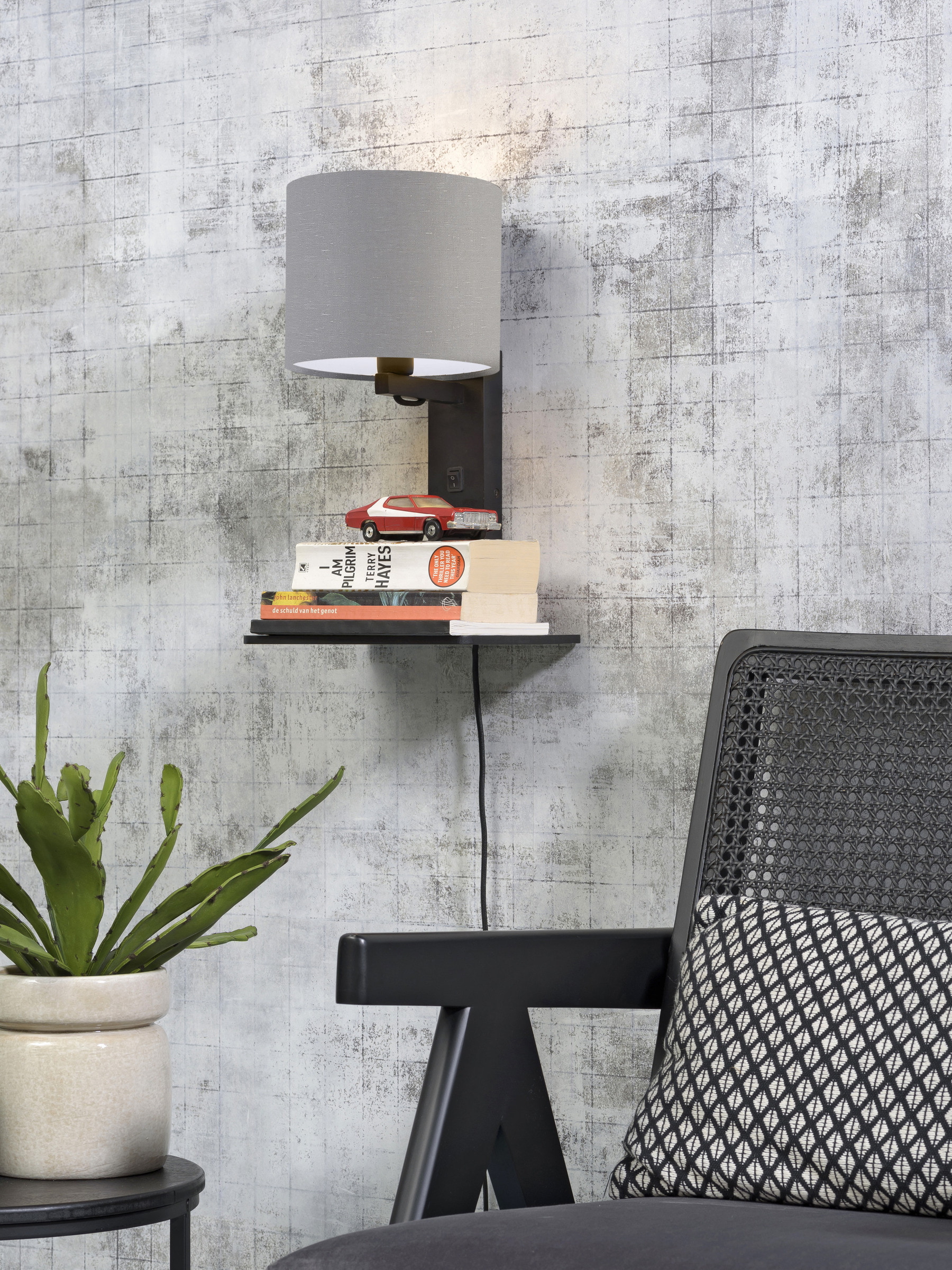 GOOD&MOJO Wandlamp 'Andes' Bamboe en Eco linnen, Met plank, kleur Lichtgrijs