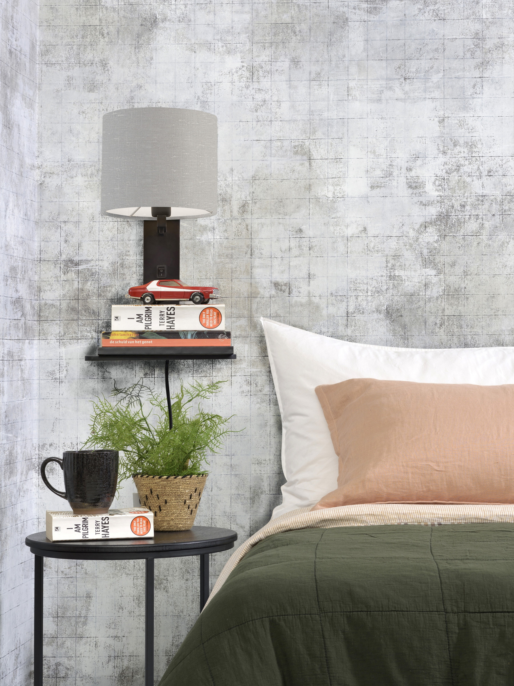 GOOD&MOJO Wandlamp 'Andes' Bamboe en Eco linnen, Met plank, kleur Lichtgrijs