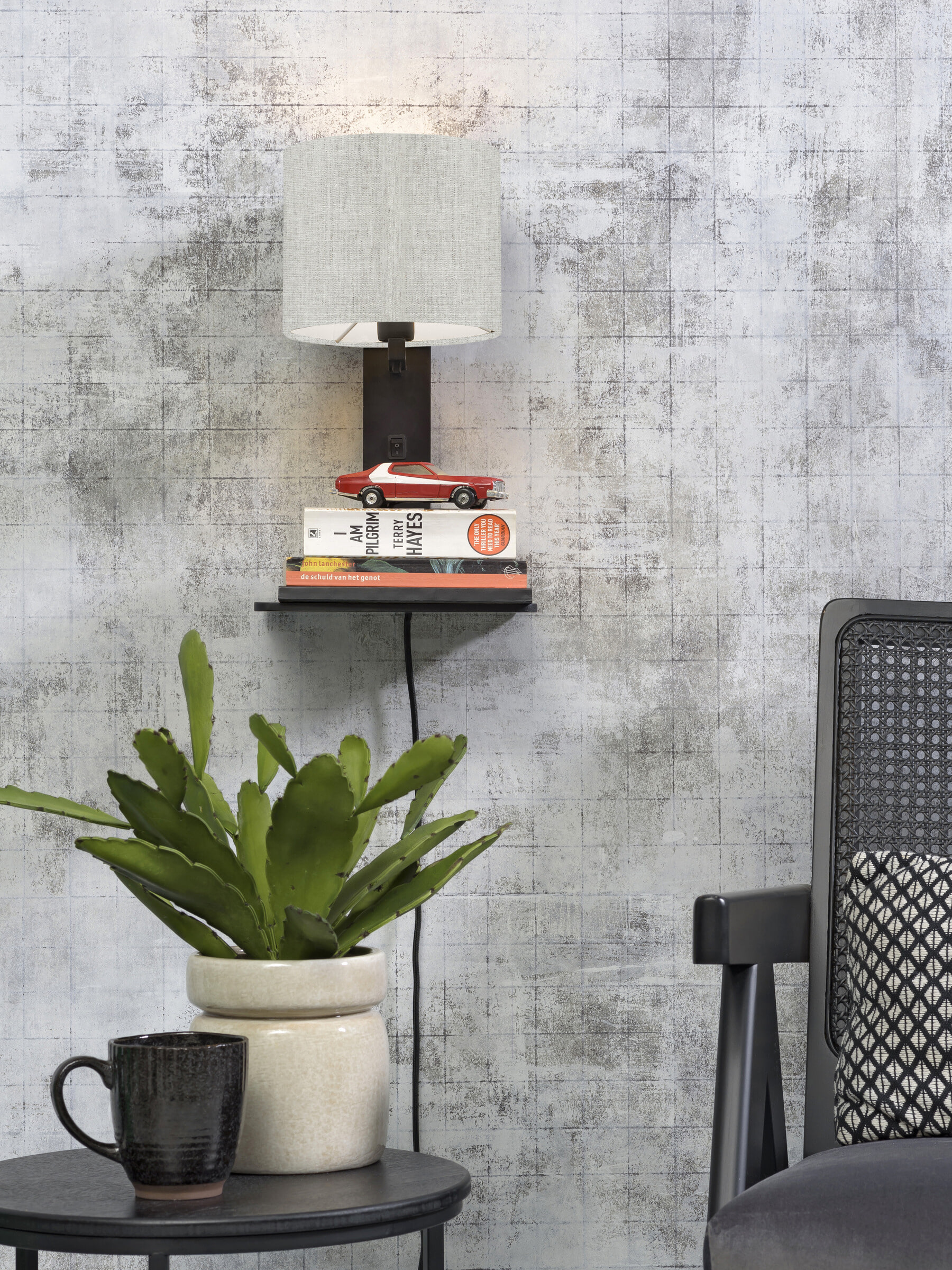 GOOD&MOJO Wandlamp 'Andes' Bamboe en Eco linnen, Met plank, kleur Beige