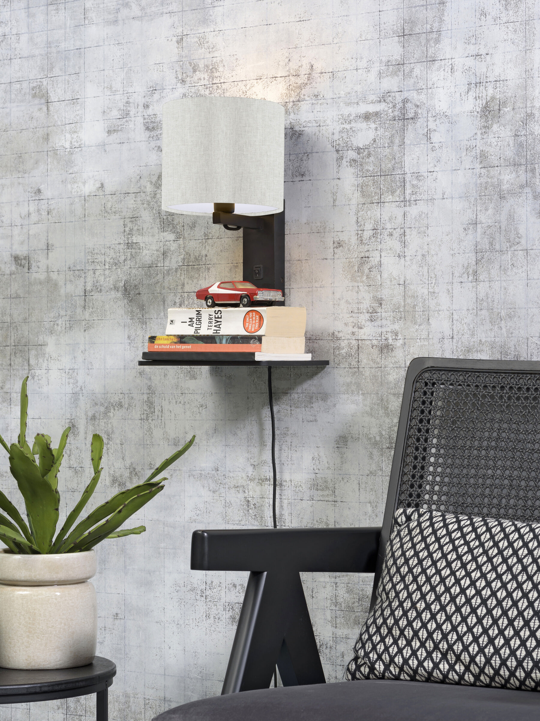 GOOD&MOJO Wandlamp 'Andes' Bamboe en Eco linnen, Met plank, kleur Beige
