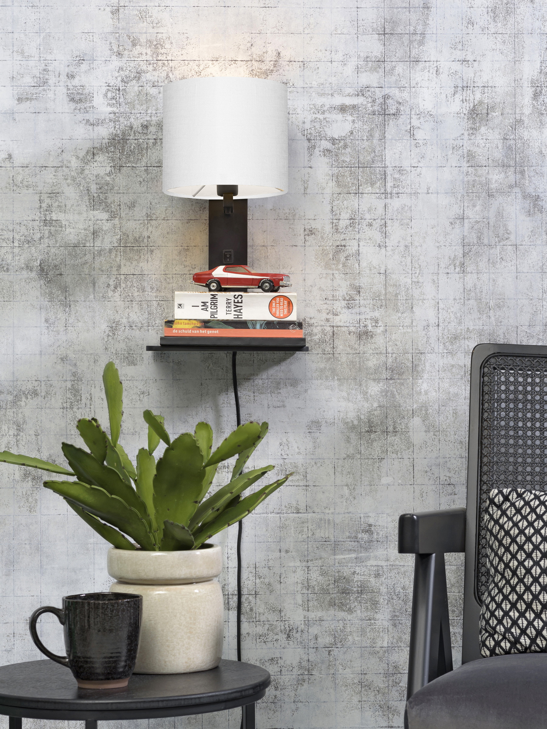 GOOD&MOJO Wandlamp 'Andes' Bamboe en Eco linnen, Met plank, kleur Wit