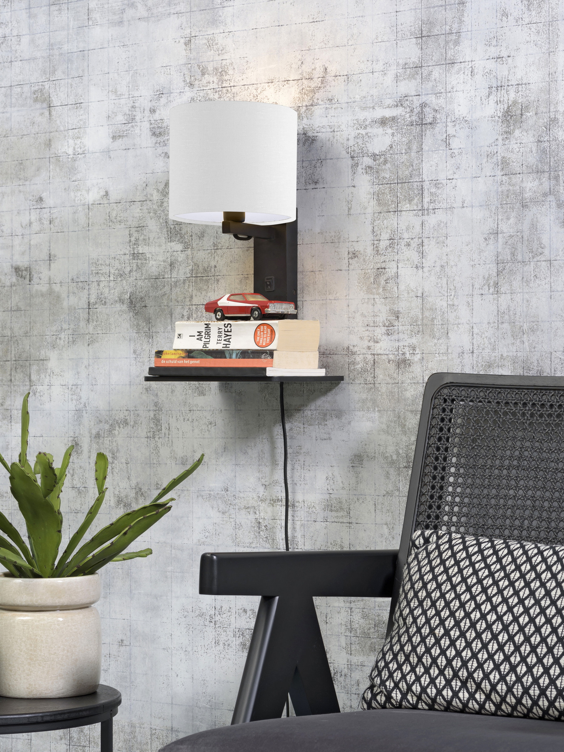 GOOD&MOJO Wandlamp 'Andes' Bamboe en Eco linnen, Met plank, kleur Wit