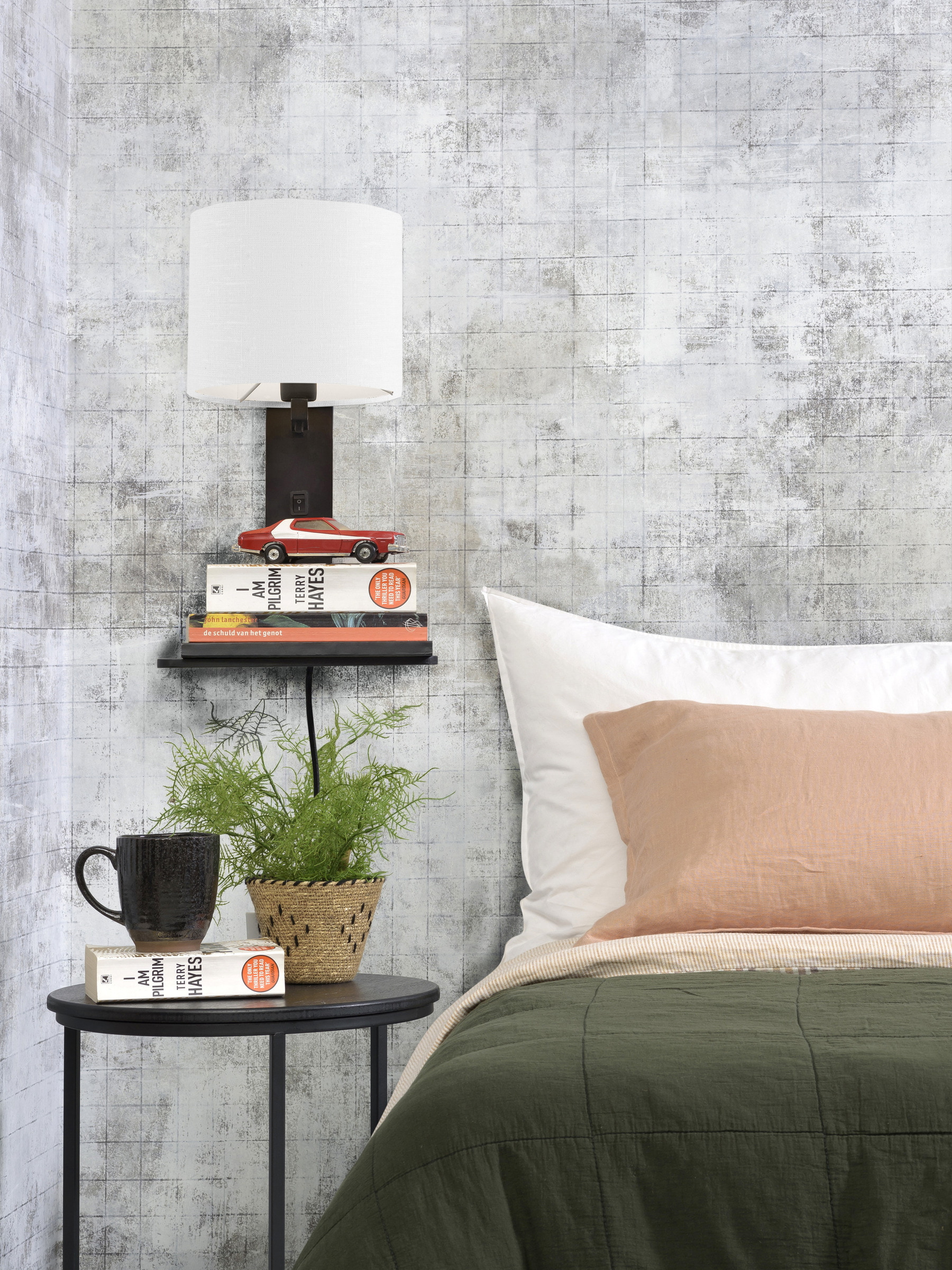 GOOD&MOJO Wandlamp 'Andes' Bamboe en Eco linnen, Met plank, kleur Wit