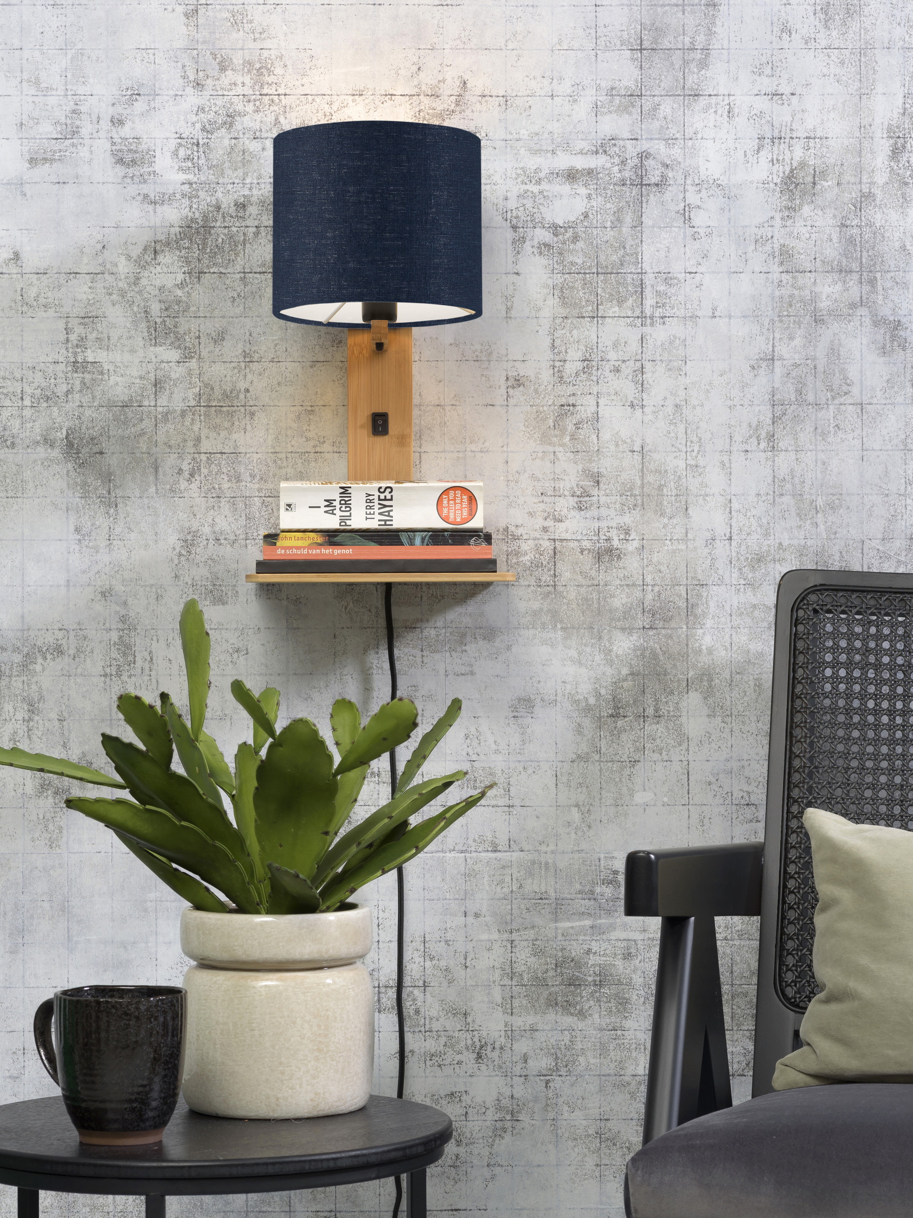 GOOD&MOJO Wandlamp 'Andes' Bamboe en Eco linnen, Met plank, kleur Denimblauw/Naturel