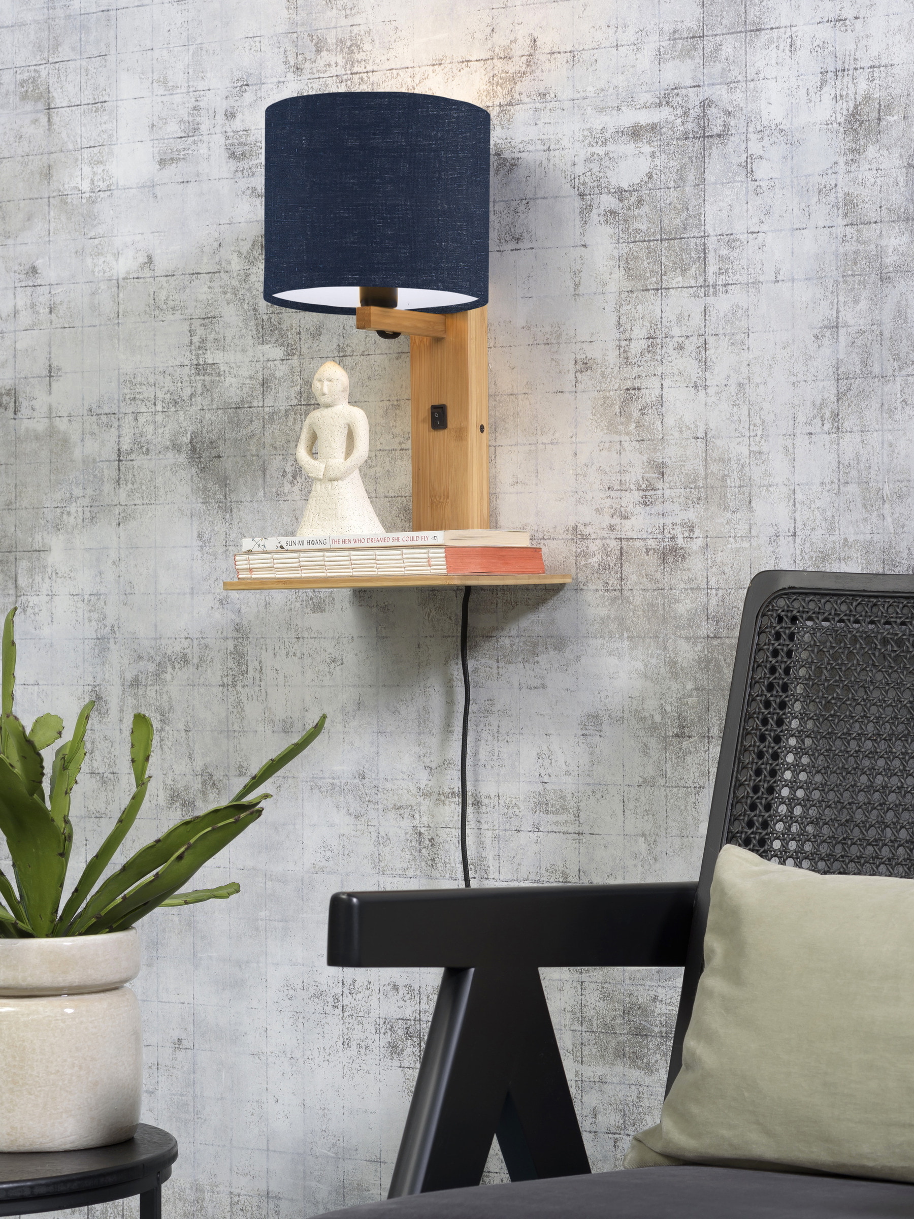 GOOD&MOJO Wandlamp 'Andes' Bamboe en Eco linnen, Met plank, kleur Denimblauw/Naturel
