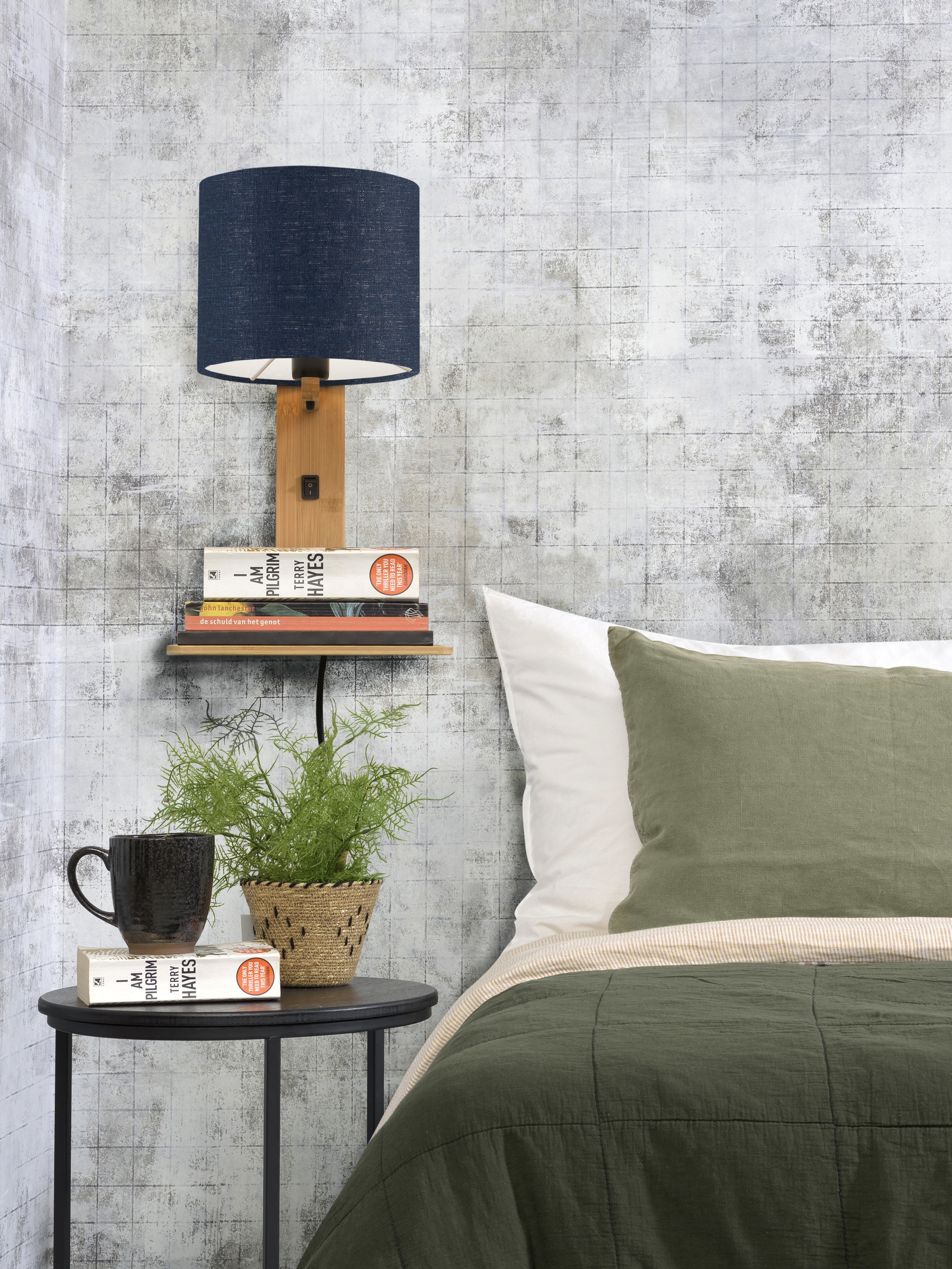 GOOD&MOJO Wandlamp 'Andes' Bamboe en Eco linnen, Met plank, kleur Denimblauw/Naturel