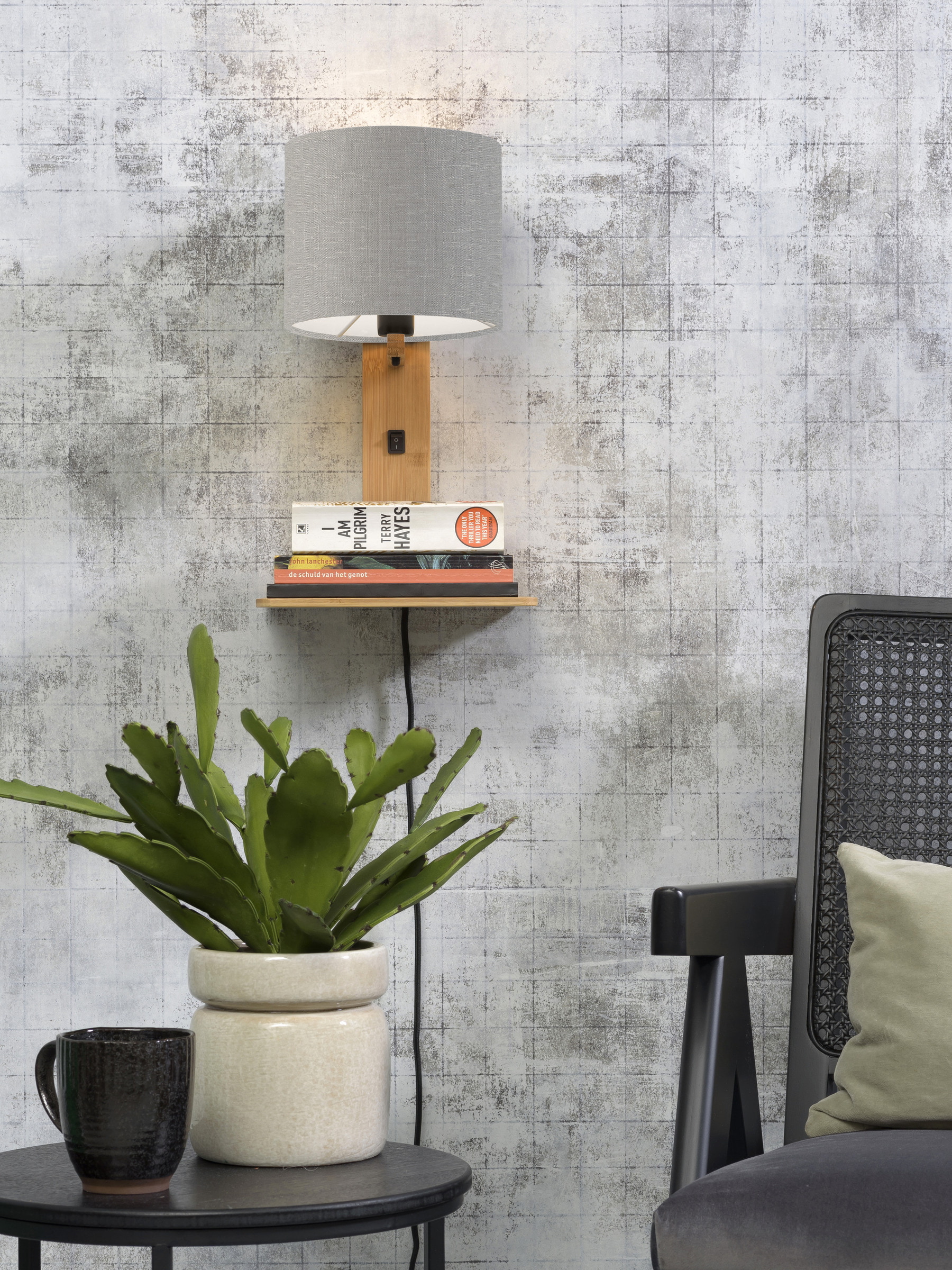 GOOD&MOJO Wandlamp 'Andes' Bamboe en Eco linnen, Met plank, kleur Lichtgrijs/Naturel