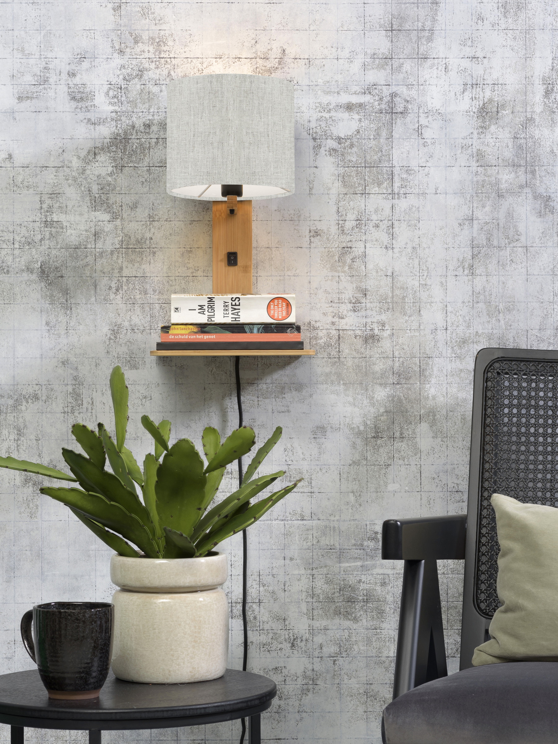GOOD&MOJO Wandlamp 'Andes' Bamboe en Eco linnen, Met plank, kleur Beige/Naturel